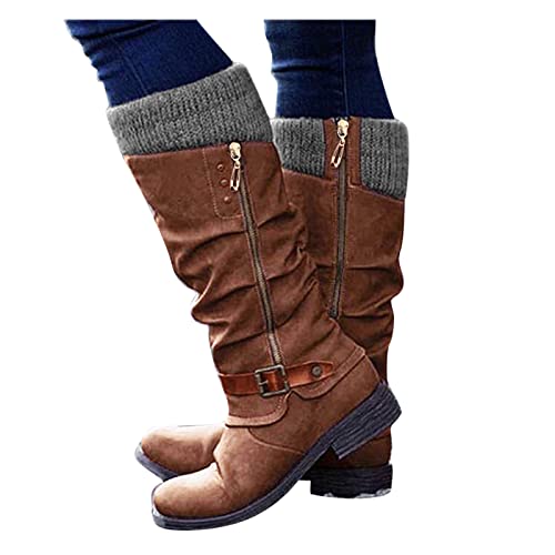 Women's Fashion Casual Warm Long Boots with Low Heel & Zipper - Comfortable Winter Cowgirl Riding Boots for Fall | Ship from USA | Perfect for Outdoor Activities, Horseback Riding & Cold Weather Wear