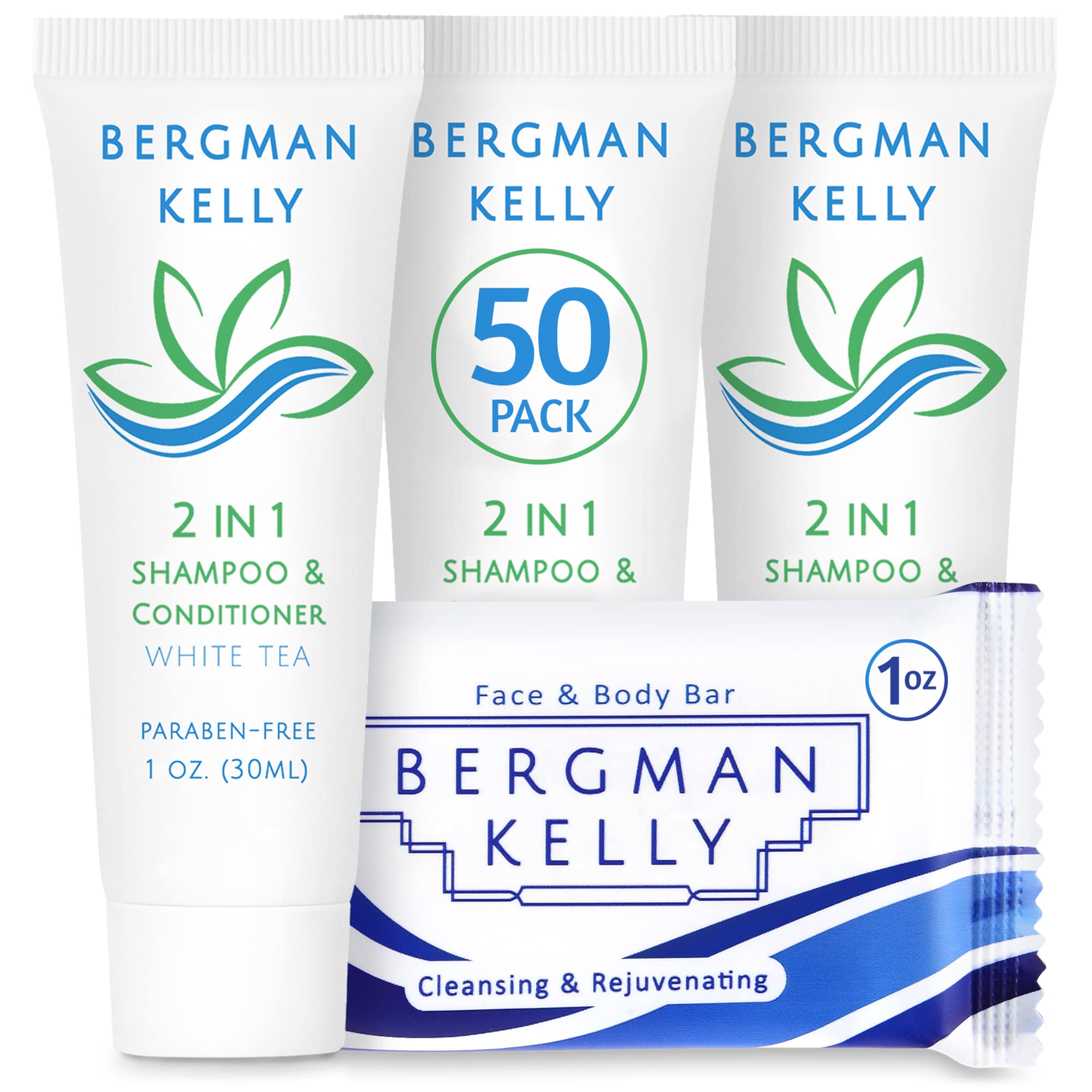 BERGMAN KELLY 2-in-1 Shampoo & Conditioner Soap Bars - White Tea Scented (1 oz each, 100-Piece Set) | Moisturizing & Refreshing Hotel Toiletries for Guests | Perfect for Luxury Hotels, Spas, Travel & Hospitality Amenities