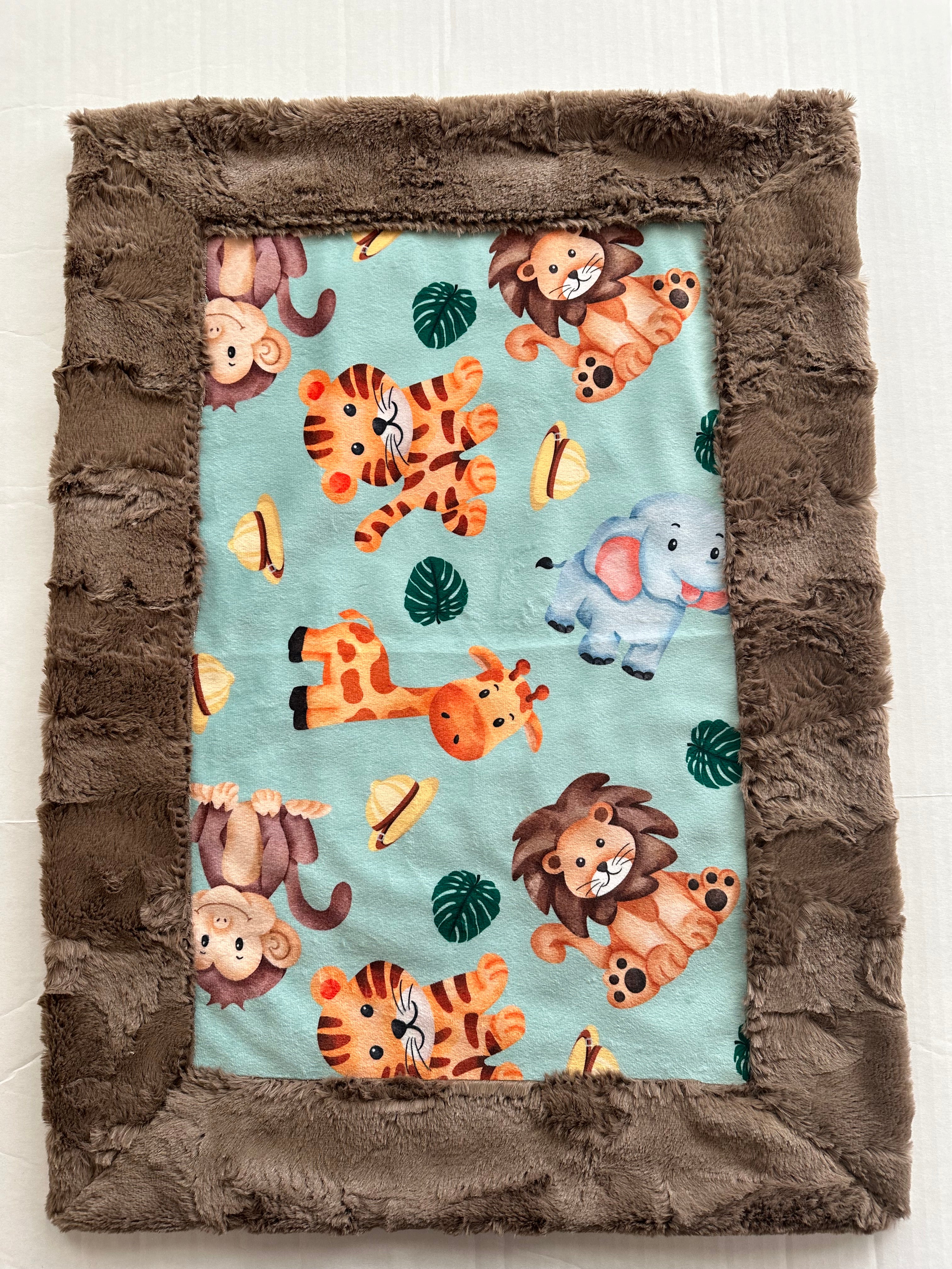 Premium Safari Animals Baby Blanket - Soft Green on Truffle Luxe 17x26 Inch Lovey Blanket for Newborns & Toddlers | Perfect for Nursery, Stroller, and Travel Comfort