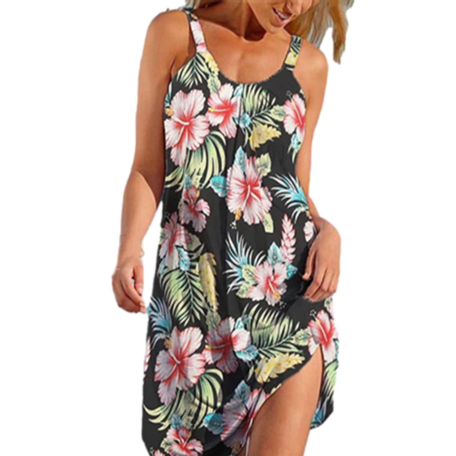 Boho Beach Print Dress for Women - Sleeveless Strap Summer Dress with Round Neck & Loose Fit | Perfect for Vacations, Pool Parties & Casual Outings