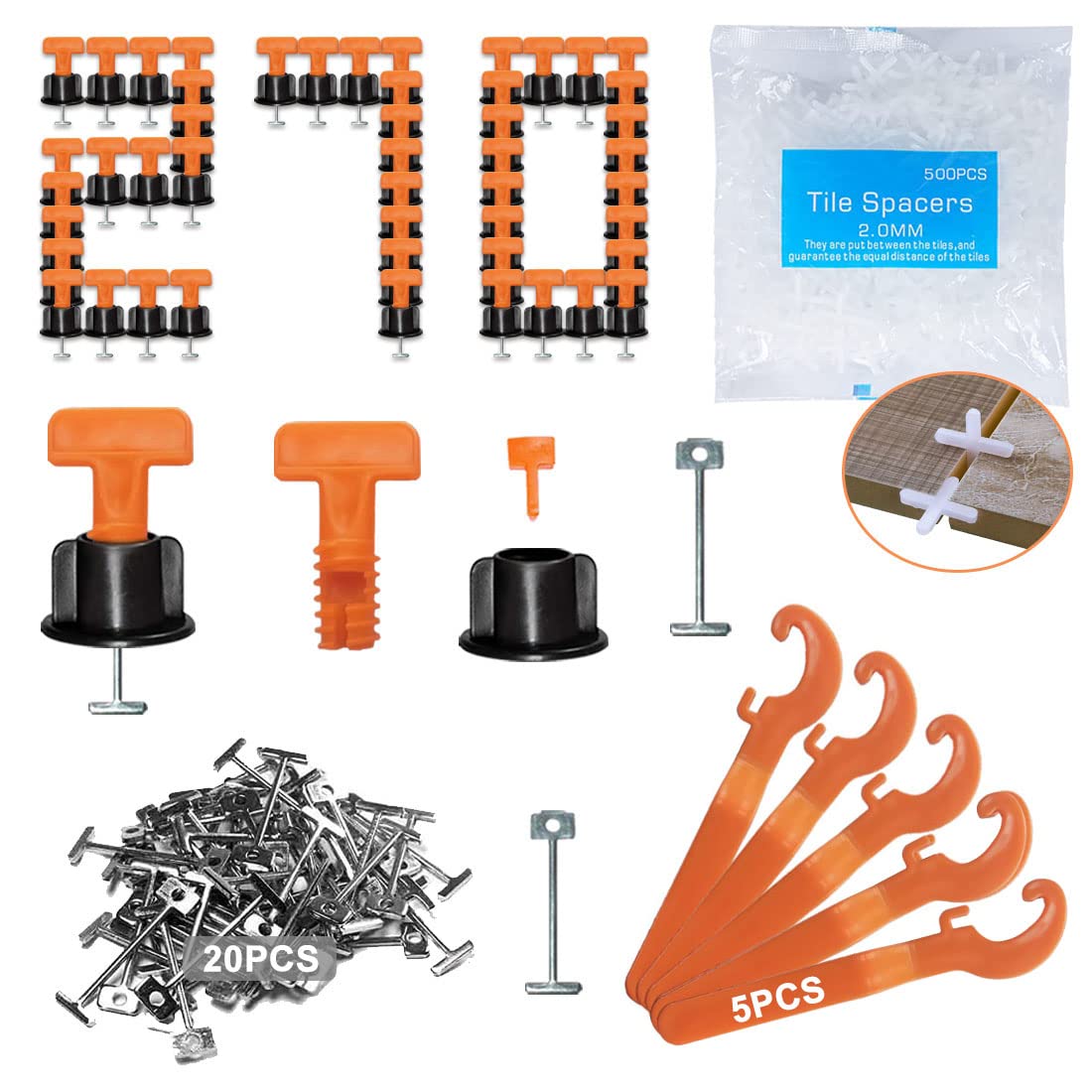Professional QXSAL Tile Leveling System Kit - 270 Tile Levelers, 5 Special Wrenches, 500 1/12