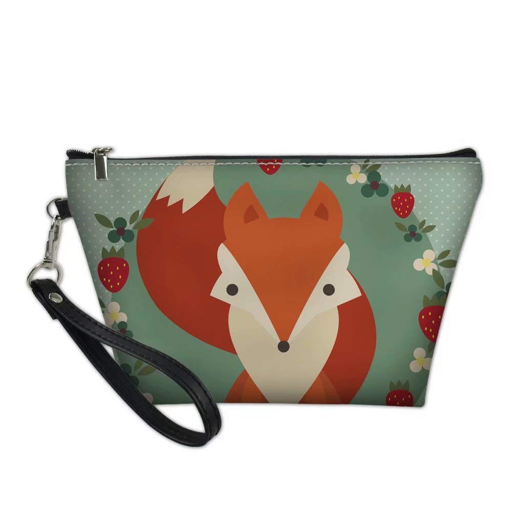 Dellukee Women's Leather Makeup Bag - Cute Fox Print Waterproof Toiletry Pouch for Travel & Daily Use | Roomy Cosmetic Organizer for Brushes & Essentials