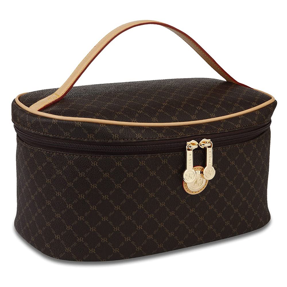 Rioni Designer Signature Brown Cosmetic Bag - Travel Makeup Organizer for Women, Perfect for Airplane Carry-On & Weekend Getaways