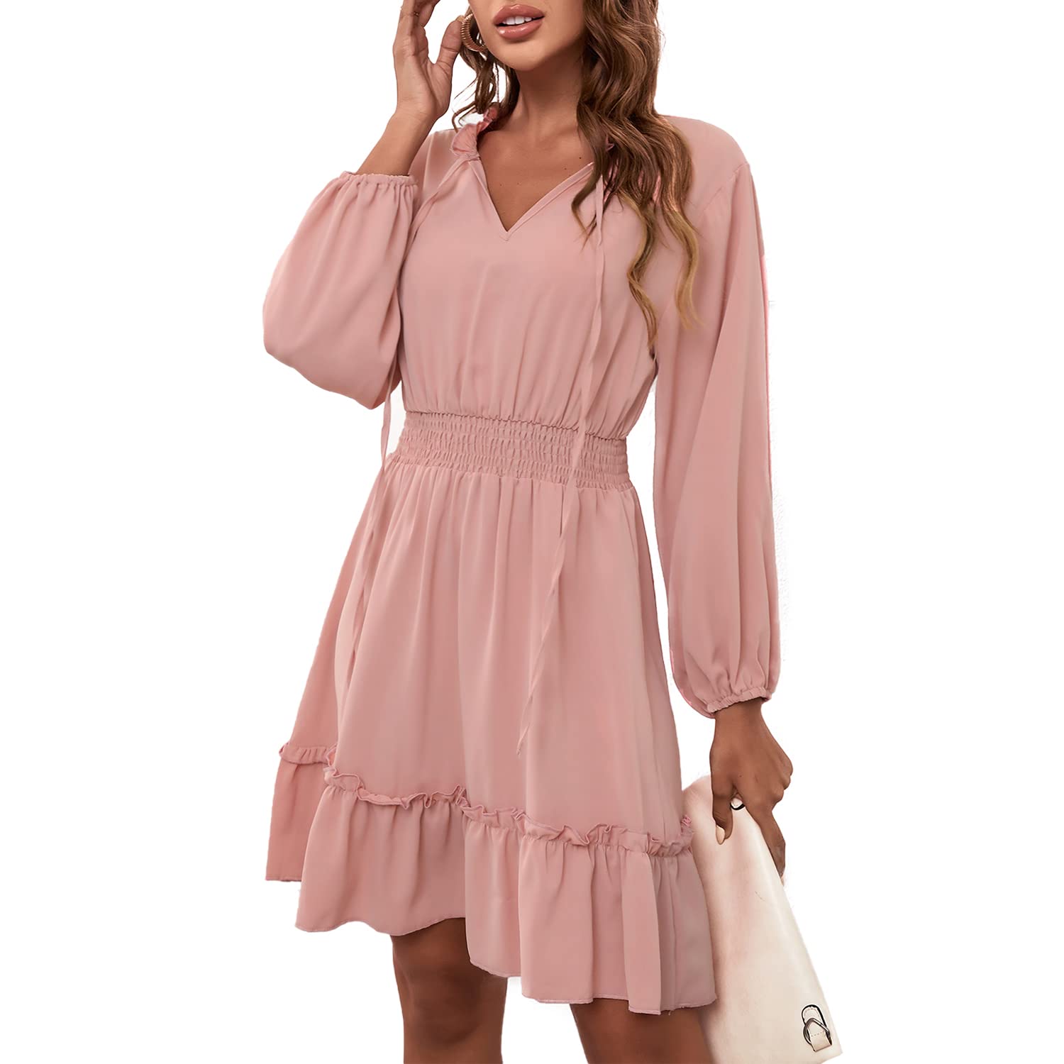 BROVAVE Women's V-Neck Ruffle Tunic Dress - High Waist Long Sleeve Mini Dress for Spring Summer Casual Wear | Perfect for Office, Date Night & Weekend Outings