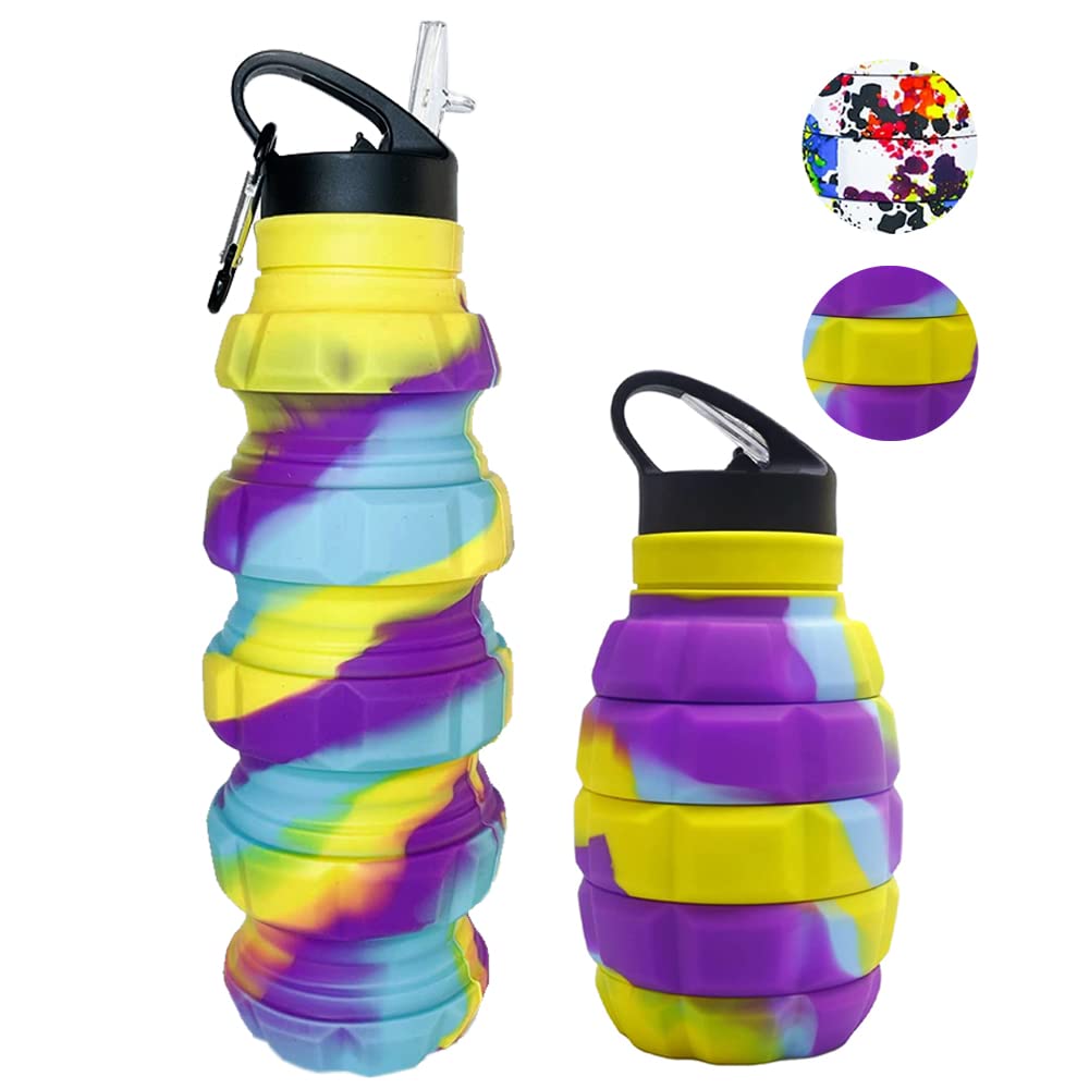 **YARO TRADING Collapsible Leak-Proof Sports Water Bottle with Carabiner - 20oz BPA-Free Silicone Foldable Water Bottle for Gym, Hiking, Travel & Outdoor Activities (Mix)**