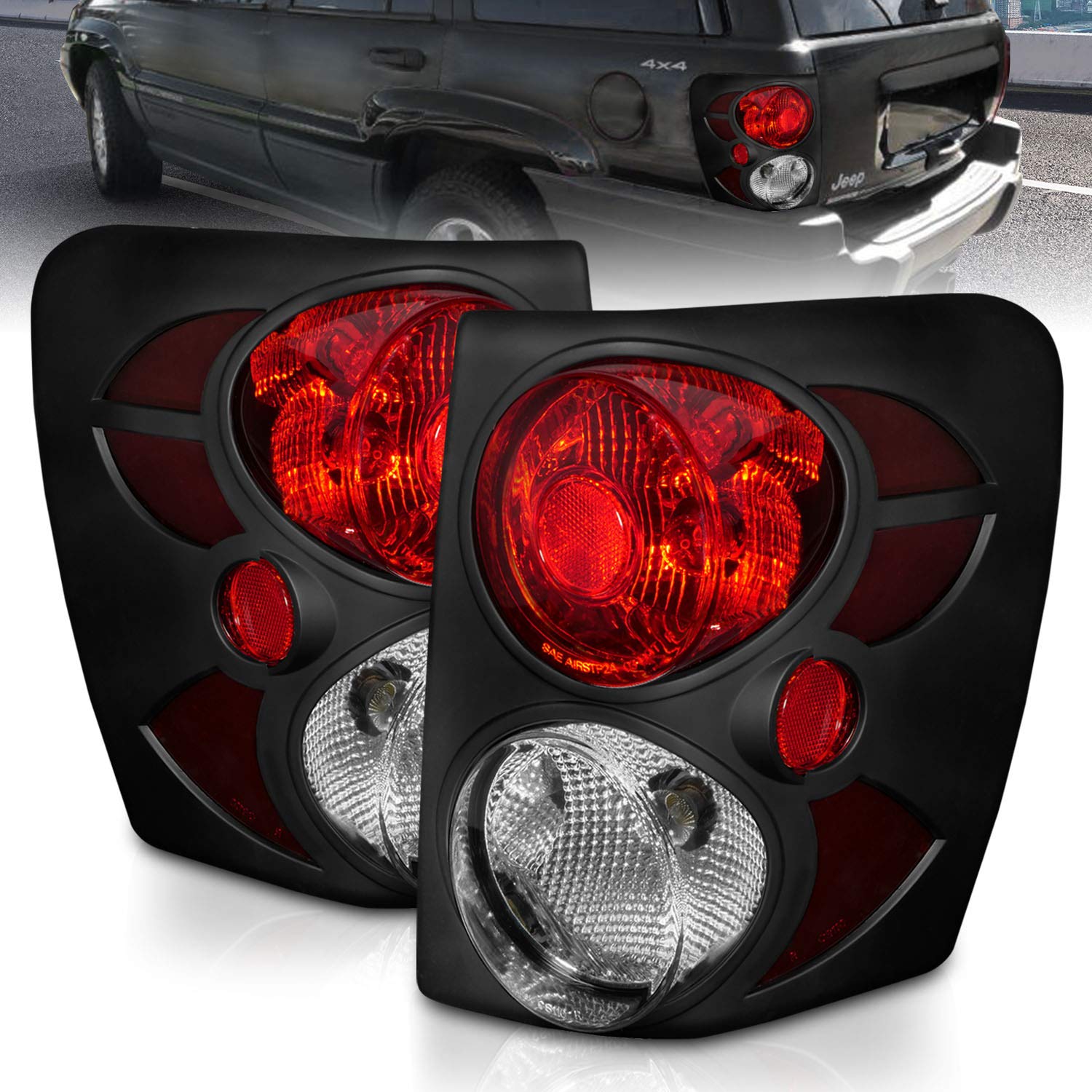 AmeriLite Black 3D Pop-Out LED Brake Tail Lights Replacement Set (Bulbs Included) for 1999-2004 Jeep Grand Cherokee - Left & Right Side - Off-Road & Night Driving Safety Enhancement