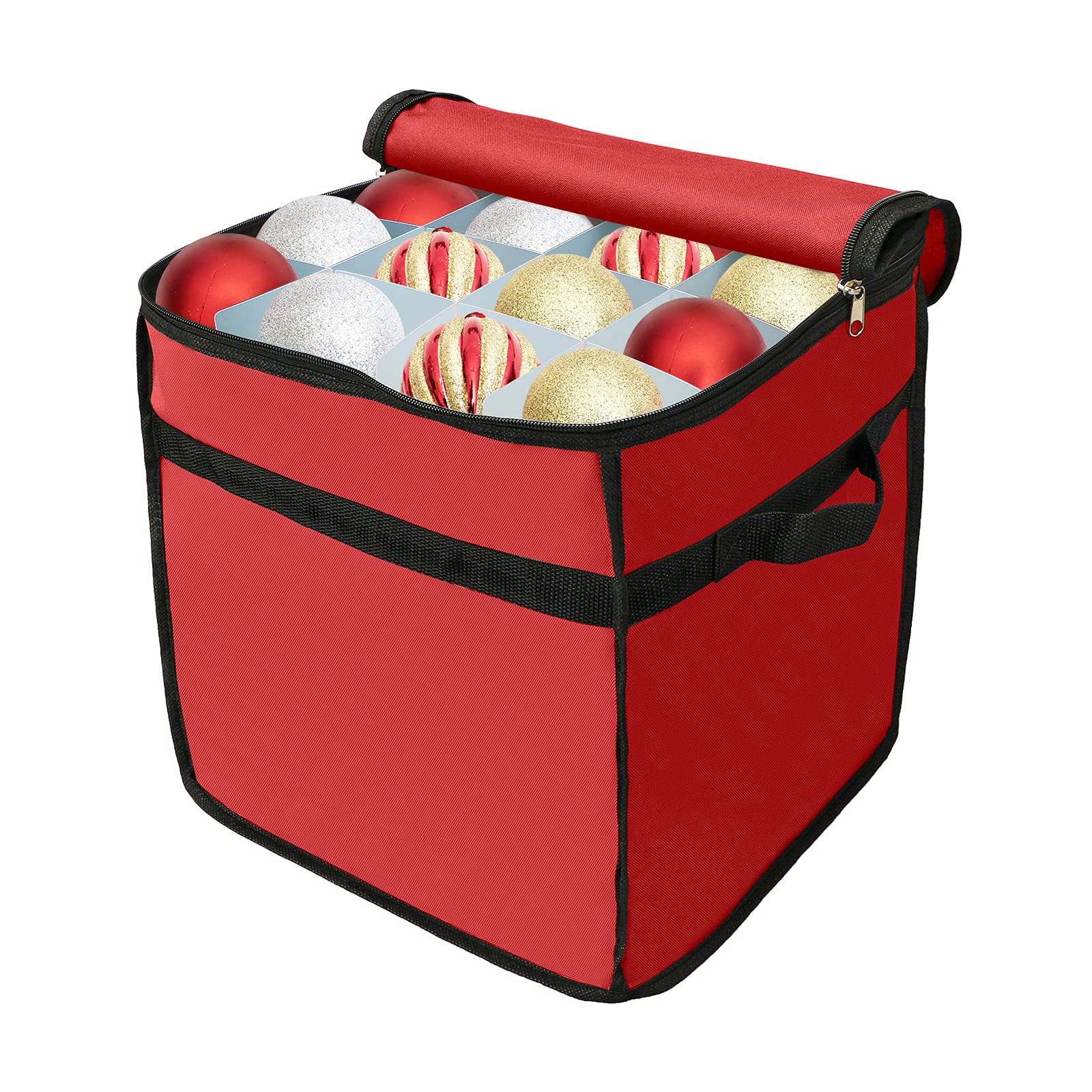 Atroy Christmas Ornament Storage Bag - Red Xmas Decorations Organizer with Handles & Dividers | Holiday Decor Storage Solution for Tree Ornaments, Lights & Holiday Accessories