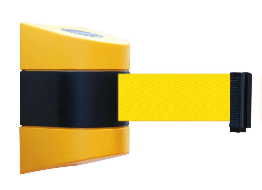 Wall Mount Retractable Barrier with Yellow Cap - 30' Standard Belt for Safety & Crowd Control
