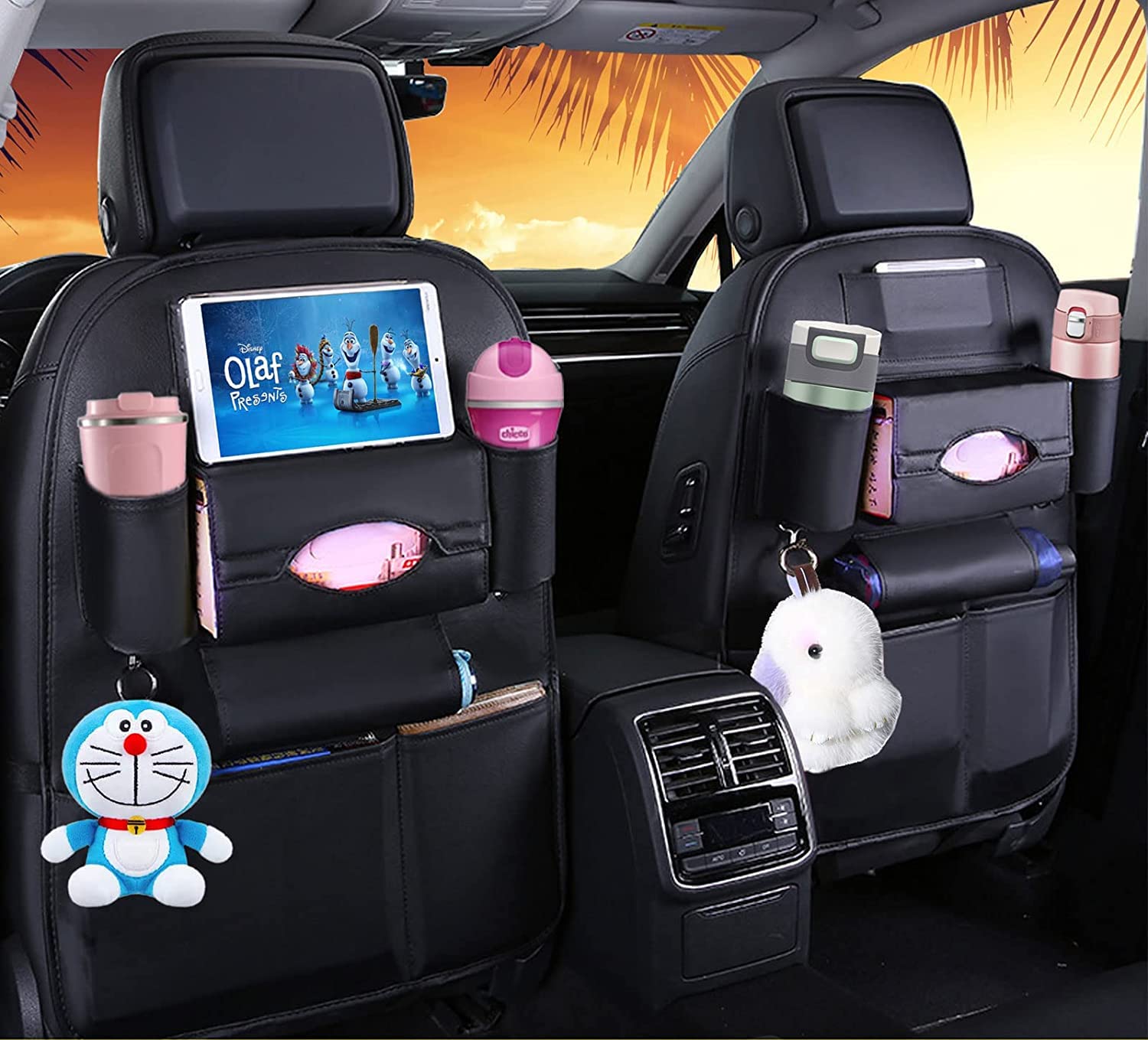 Premium PU Leather Backseat Car Organizer - Black Storage Bag with Multiple Pockets | Back Seat Protector & Kick Mats | Perfect for Kids Toys, Snacks & Road Trips | Ideal for Family Travel & Daily Commute