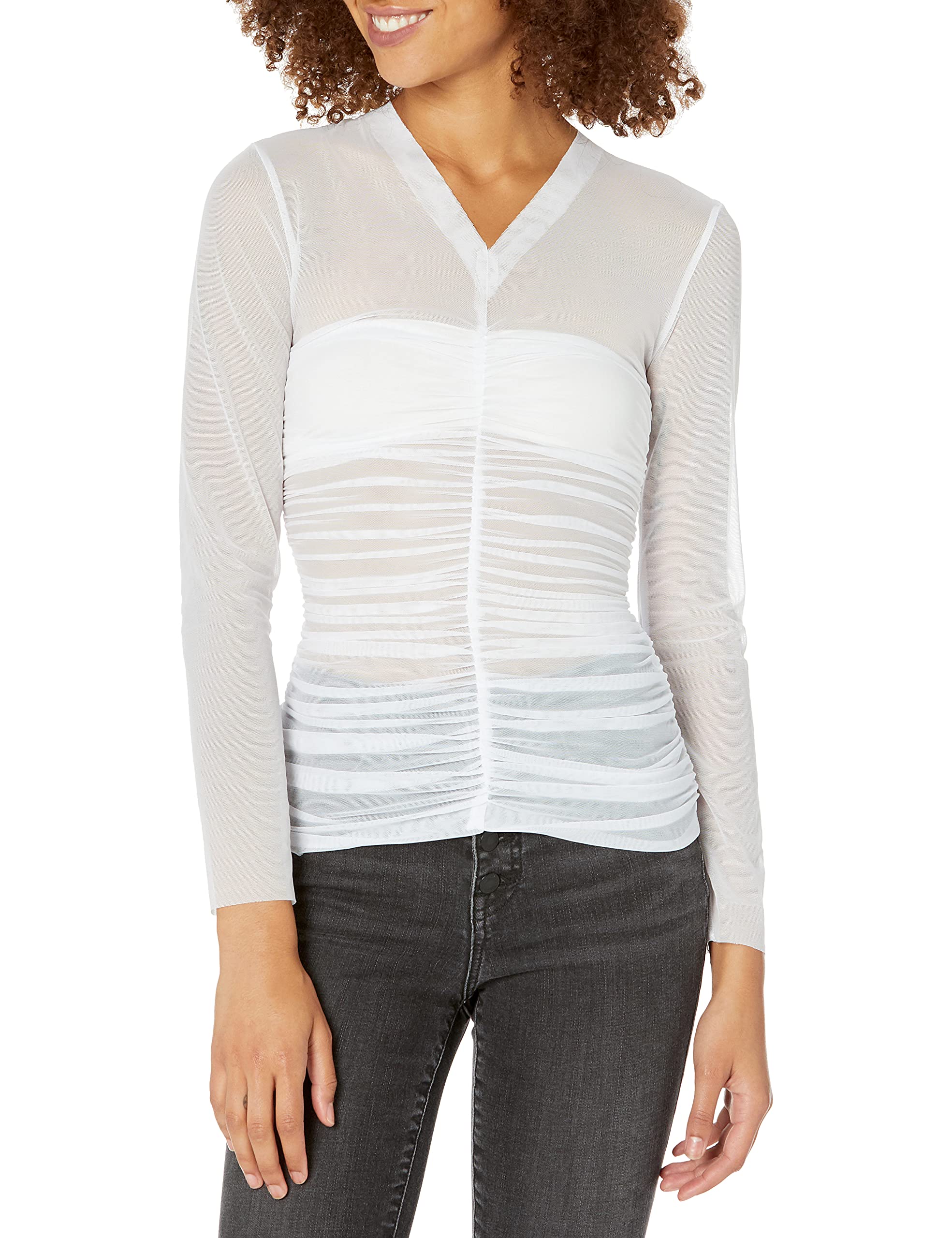 Norma Kamali Women's Long Sleeve V Neck Slinky Top - Stretchy Comfortable Blouse for Work & Evening Outfits | Perfect for Office, Date Night & Special Occasions