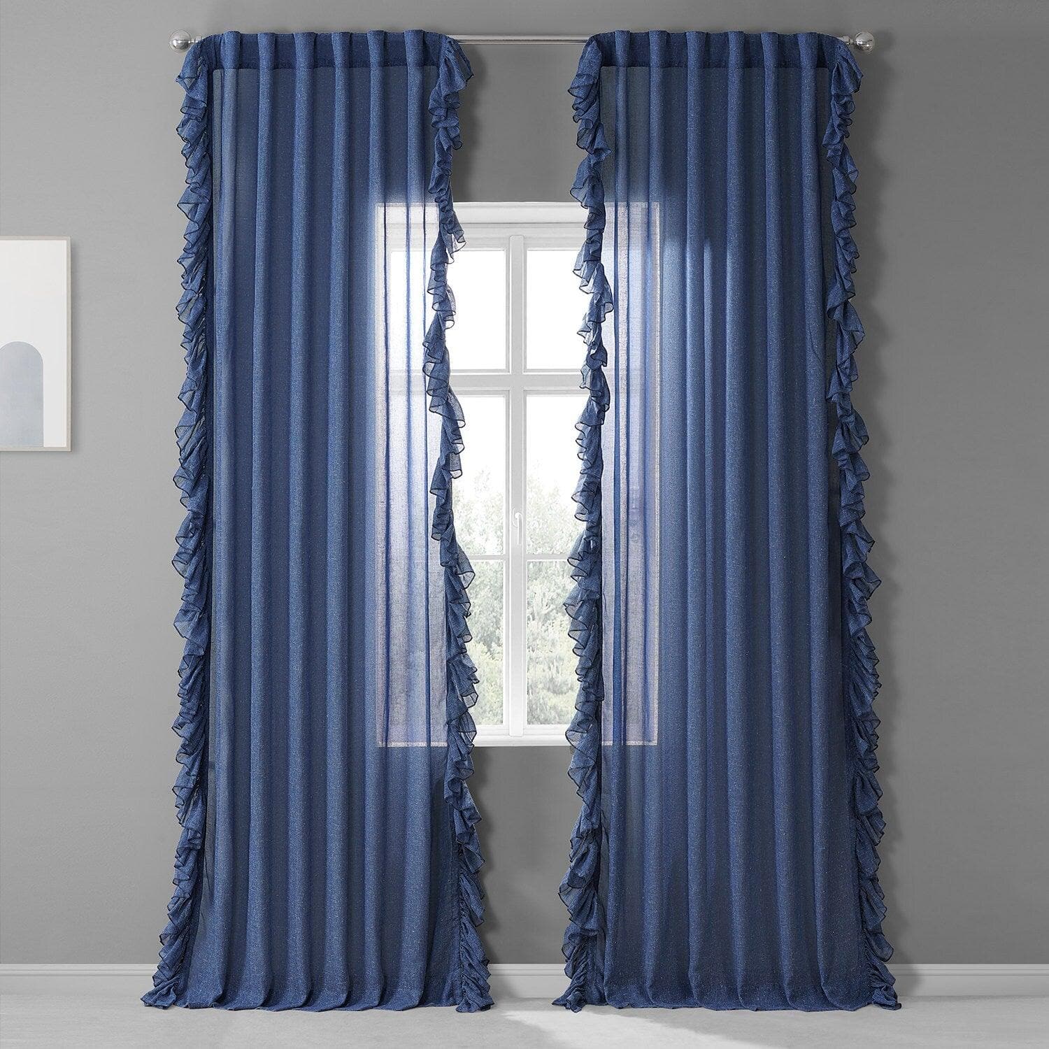 Blue Lapis Ruffled Faux Linen Sheer Curtains for Living Room & Bedroom - Light Filtering Window Drapes with Elegant Ruffle Design