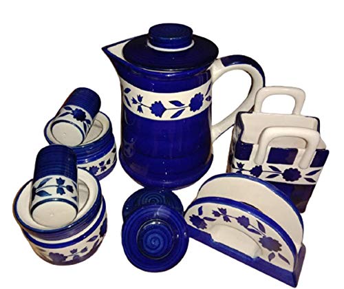 Moroccan Blue Ceramic Water Jug, Pickle Jars, Cutlery Holder, Napkin Holder & Salt Pepper Set - Elegant Dining Table Decor for Home Kitchen & Entertaining