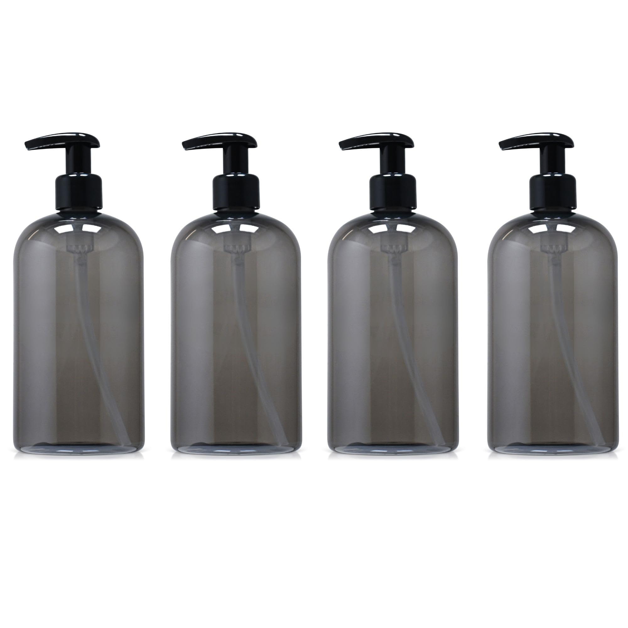 16 oz Empty PET Plastic Refillable Bottles with Lotion Pumps - Set of 4 - Drip Free & Rust-Free for Shampoo, Conditioner, Body Wash, Hand Soap - Perfect for Bathroom, Kitchen & Travel Organization (Gray)