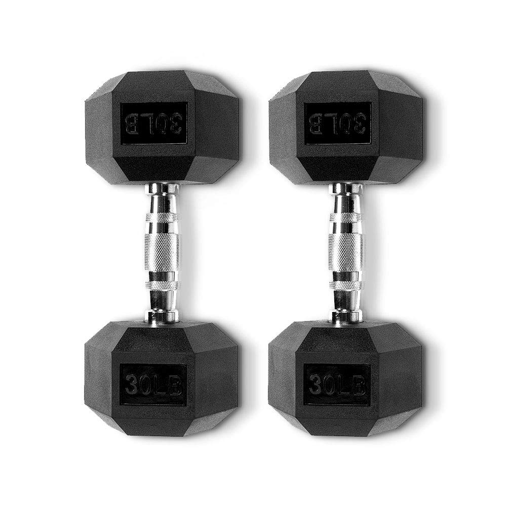 Hex Rubber Dumbbells with Metal Handles - 10/15/20/25/30 lbs Weight Set for Strength Training, Home Gym & Fitness Workouts - Perfect for CrossFit, HIIT, Bodybuilding & Home Exercise