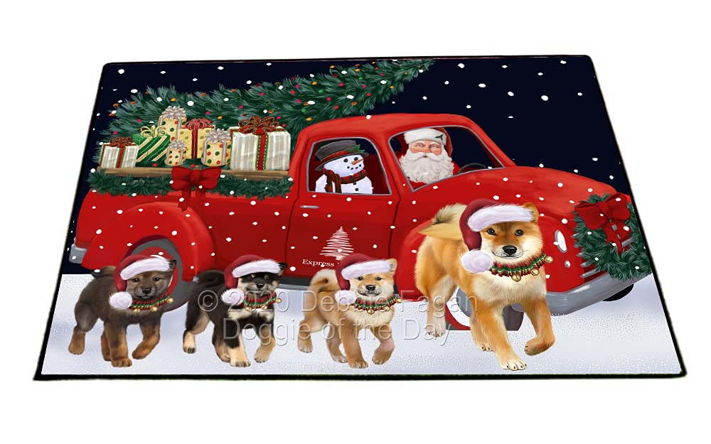 Christmas Red Truck with Running Shiba Inu Dogs Non-Slip Pet Door Mat - 18