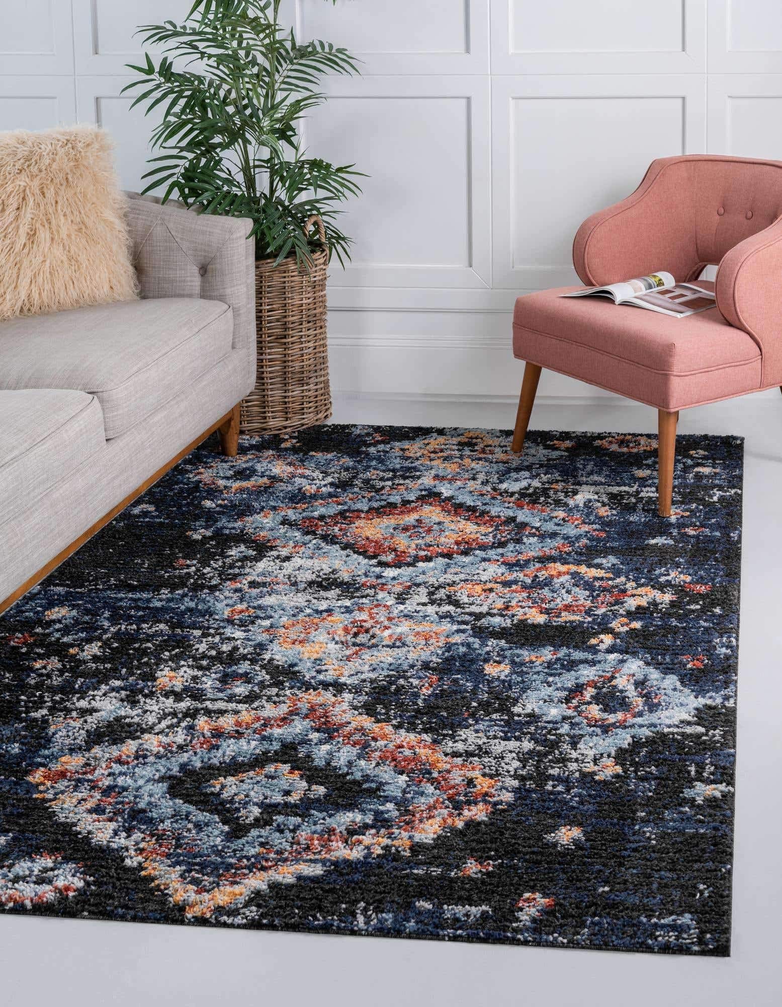 Unique Loom Morocco Collection Medallion Abstract Area Rug 9x12 Feet - Navy Blue & Black Modern Moroccan Rug for Living Room, Bedroom & Office Decor