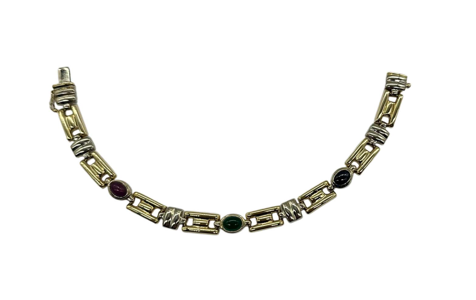 14K Yellow & White Gold Emerald, Ruby & Sapphire Cabochon Bar Bracelet for Women - Elegant Gemstone Jewelry Gift for Birthday, Anniversary & Special Occasions