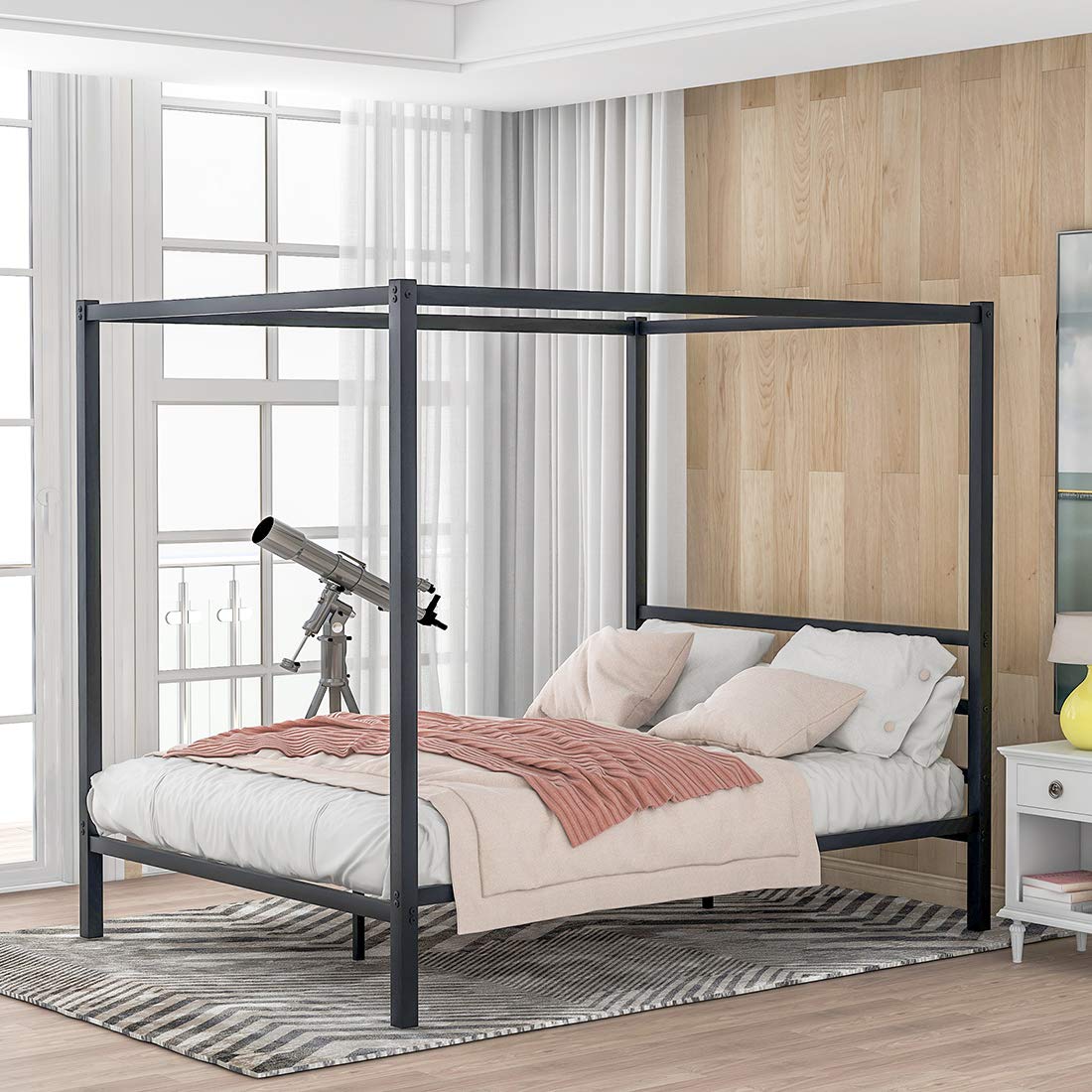 Modern Metal Queen Bed Frame with Built-in Headboard & Canopy Design - No Box Spring Needed, Sturdy Platform Bed (Black) - Perfect for Contemporary Bedrooms, Guest Rooms & Small Spaces