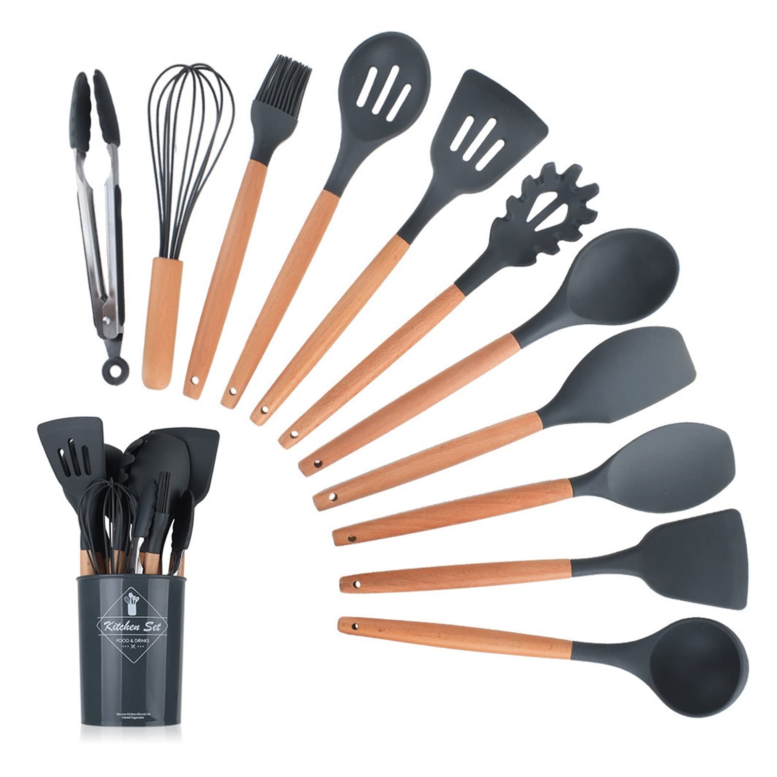 Heat Resistant Silicone Kitchen Utensils Set - Non-Stick Cooking Tools with Ergonomic Handles (Dark Grey) - Perfect for Baking, Frying & Everyday Cooking