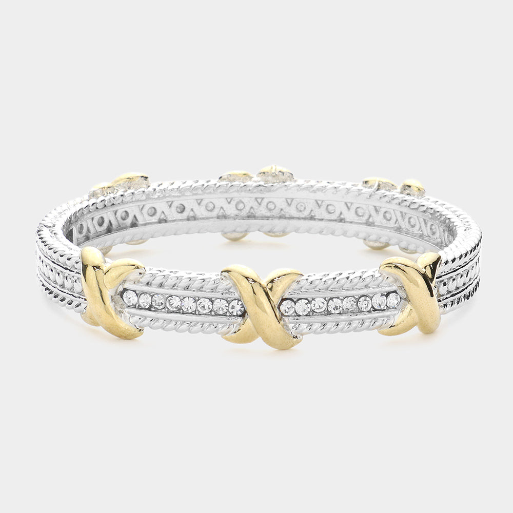 Elegant Silver and Gold Two-Tone Crisscross Bangle Bracelet for Women - Perfect for Parties, Weddings & Everyday Wear