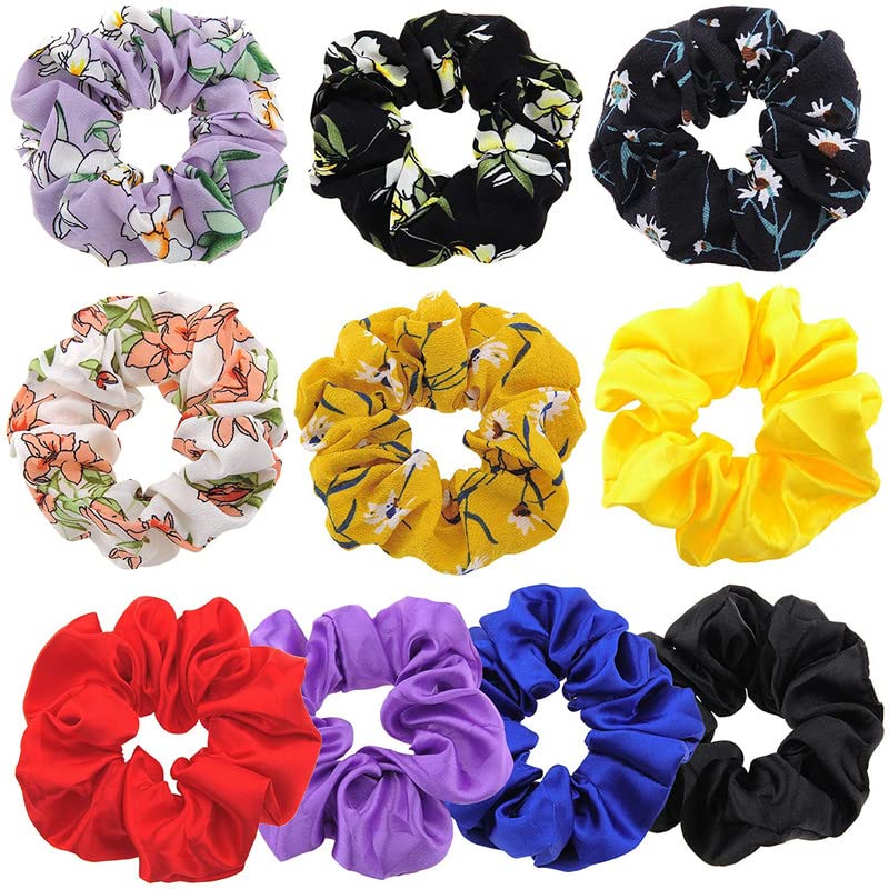 Staila 5-Piece Chiffon Flower Hair Bands & 5-Piece Satin Elastic Hair Scrunchies Set for Women & Girls (10 Pcs Total) - Perfect for Everyday Wear, Parties, Weddings & Gifts
