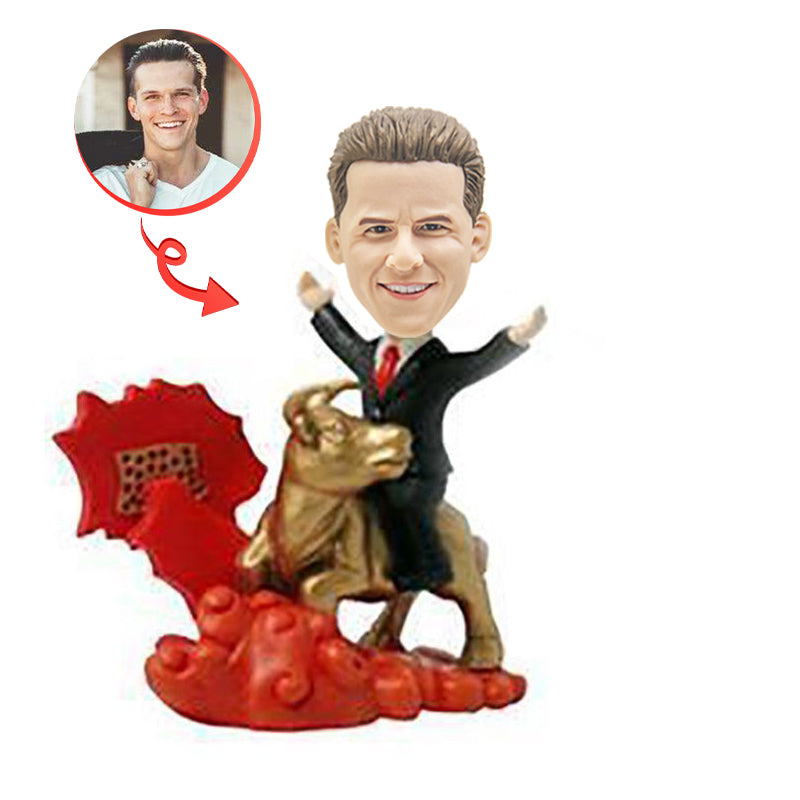Custom Golden Bull Riding Man Bobblehead - Unique Personalized Gift for Office Desk, Sports Fans & Collectors