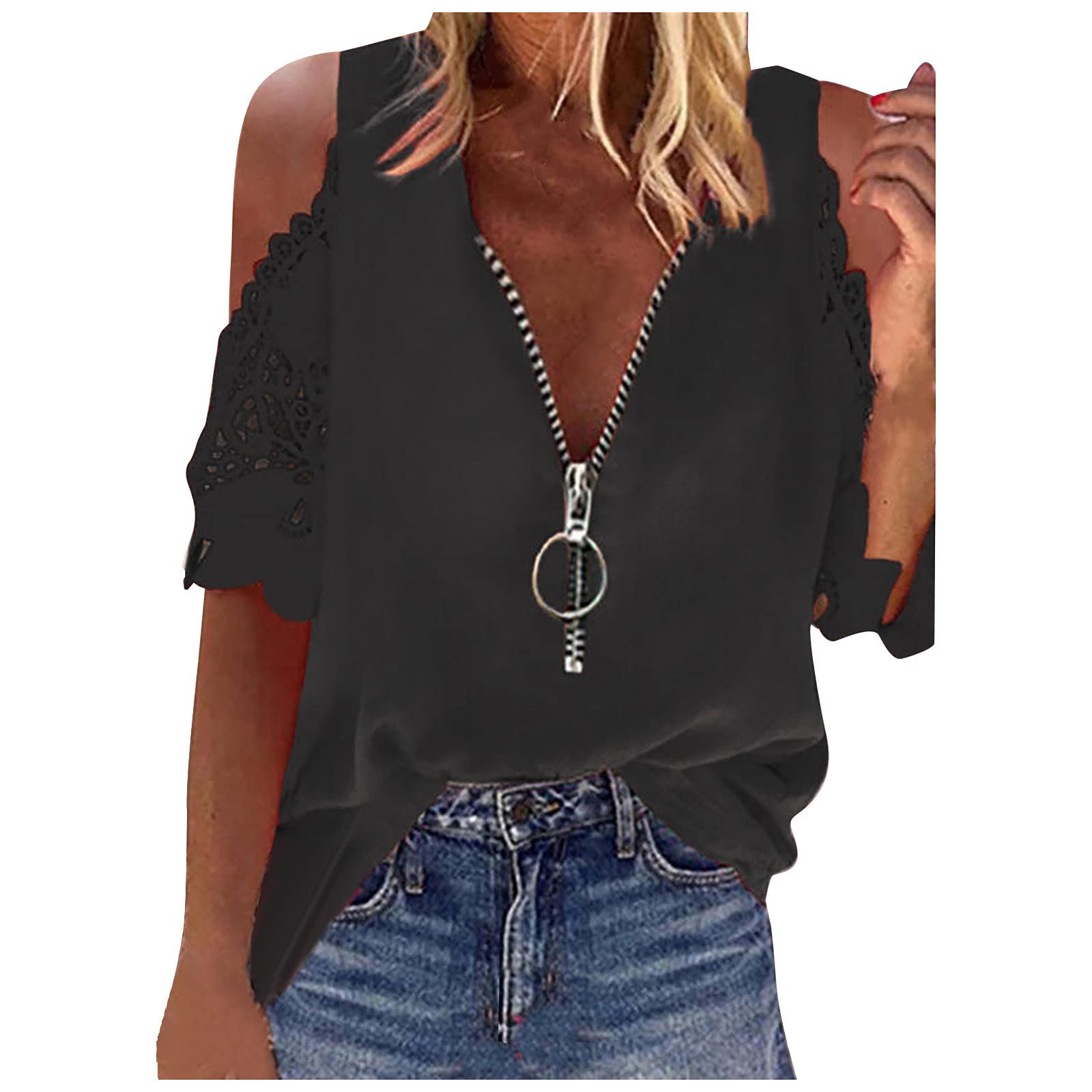 Women's Summer Cold Shoulder Tops - Short Sleeve V-Neck Zipper Hollow Out Blouses | Trendy Sexy Tee Shirts for Casual Wear & Night Out
