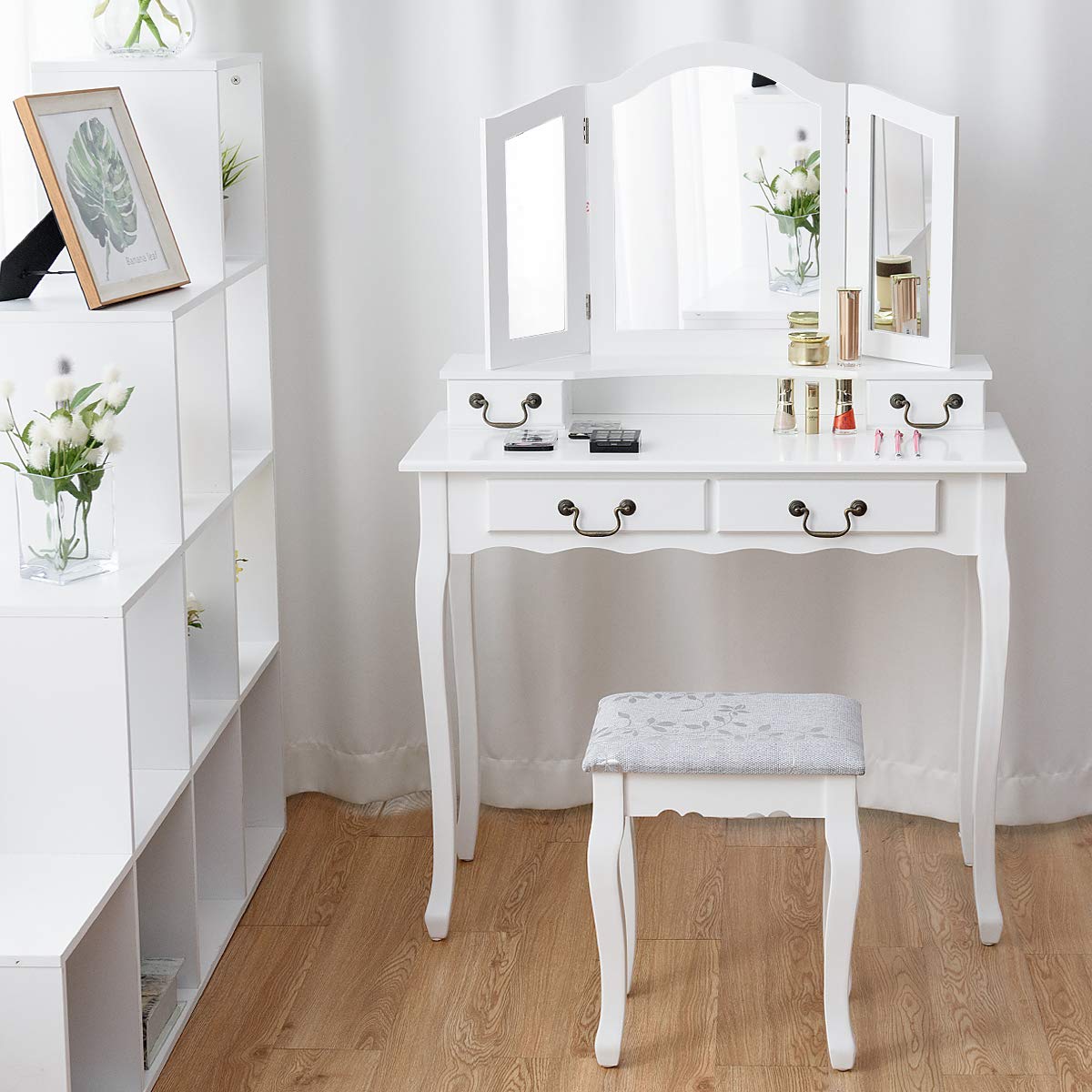 Giantex White Vanity Table Set with Stool & Tri-Folding Mirror - Wooden Makeup Dressing Table with 4 Storage Drawers, Cushioned Chair for Women & Girls - Perfect for Bedroom, Dorm Room, and Home Beauty Station