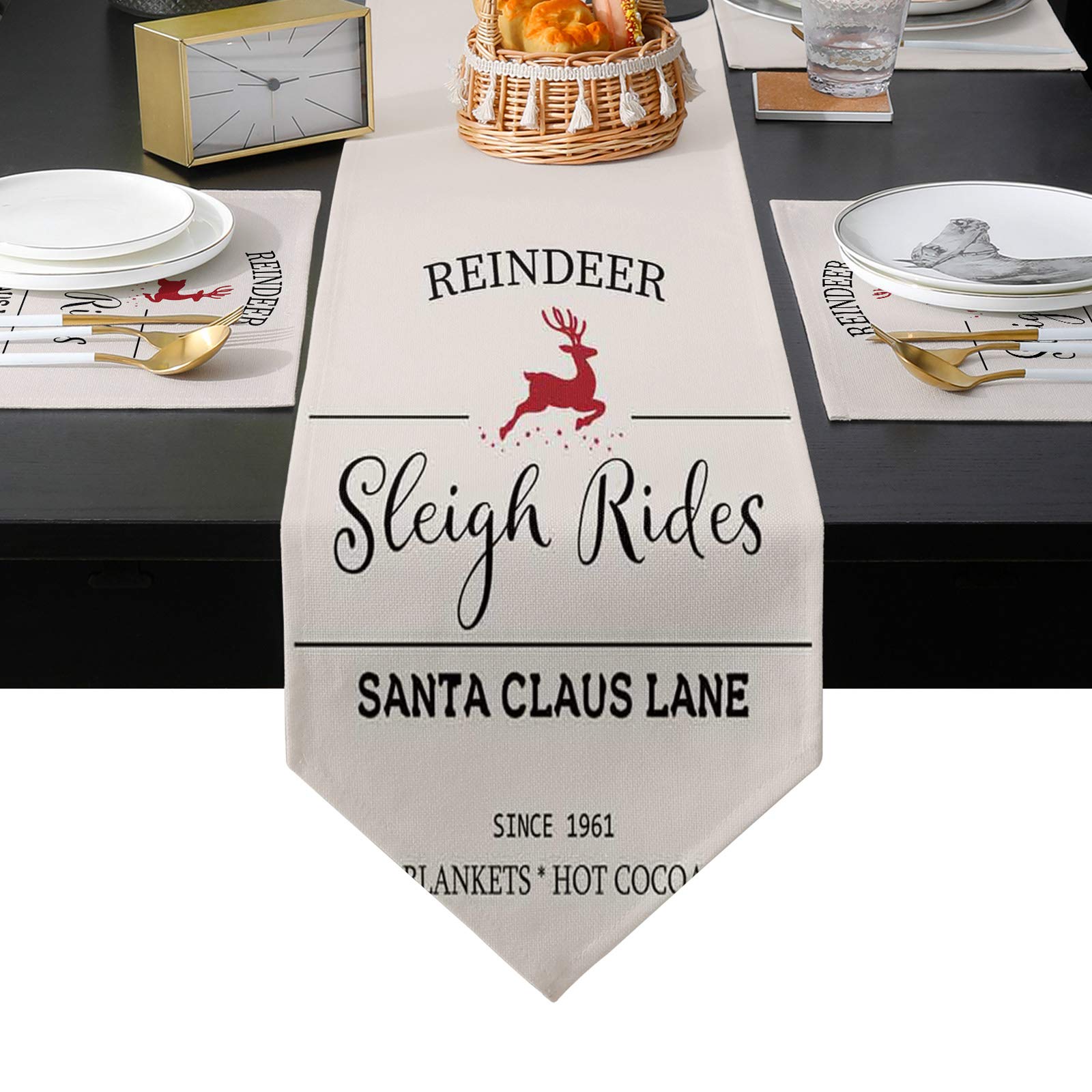 Premium Cotton-Linen Table Runner & 4-Piece Placemat Set - Christmas Reindeer Sleigh Santa Claus Holiday Decor | Heat-Resistant Dining Table Mats for Wedding, Party & Dinner Decorations | Perfect for Holiday Gatherings & Festive Home Decor