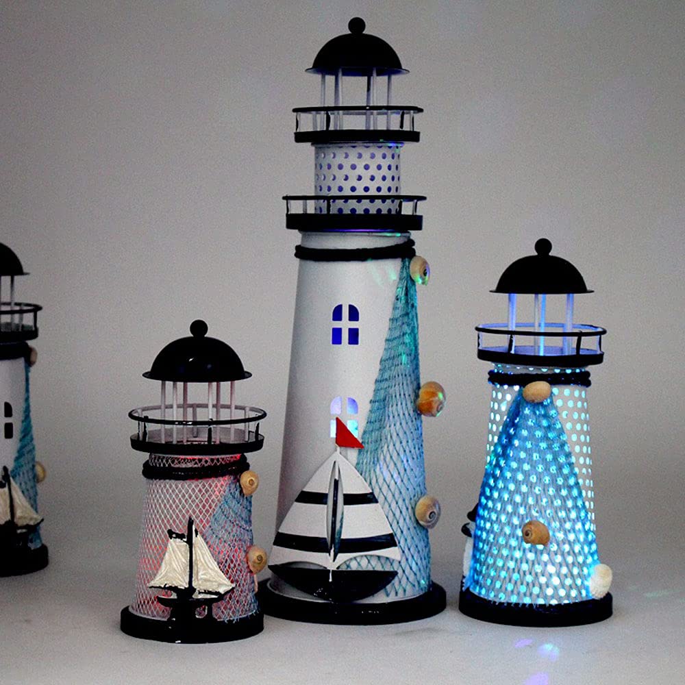 KAIKEA 3 Sets Handcrafted Iron Lighthouse Candle Lantern Holder - 11 Inch Nautical Decor with LED Lights for Home, Office, Beach Theme Decoration | Perfect for Coastal Living Rooms, Wedding Centerpieces & Outdoor Patio Lighting