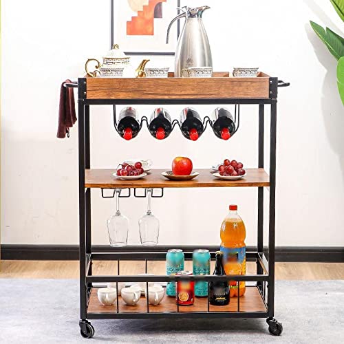 Rolling Kitchen Cart with Wine Rack - 3-Tier Stainless Steel Serving Cart with Wheels for Home, Bar, Dining Room & Outdoor Entertaining - Perfect for Food Serving, Storage & Wine Display