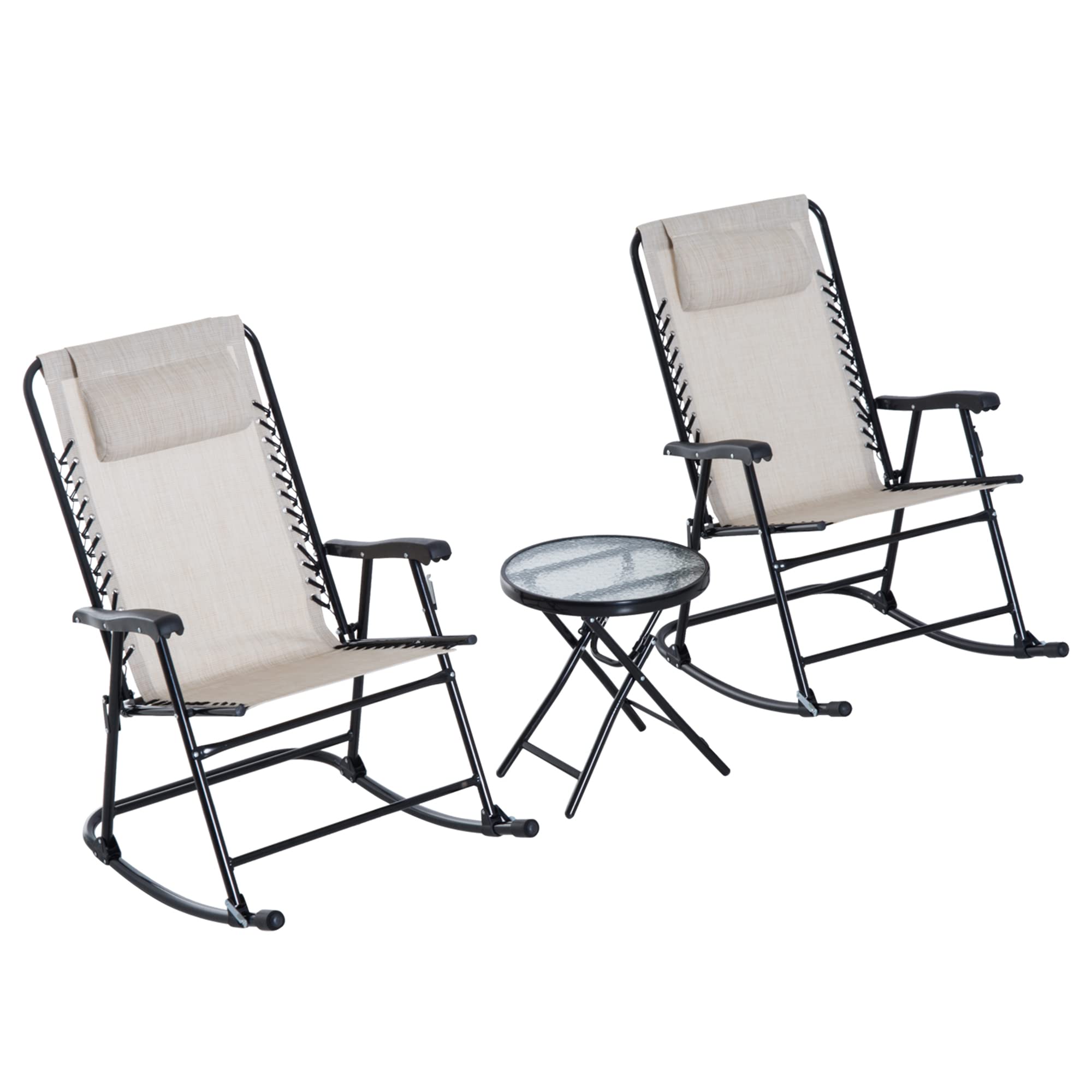Outsunny 3-Piece Outdoor Rocking Bistro Set - Patio Folding Chairs with Glass Coffee Table, Cream White - Perfect for Yard, Deck, Backyard & Garden Relaxation | Durable Weather-Resistant Furniture for Outdoor Dining & Leisure