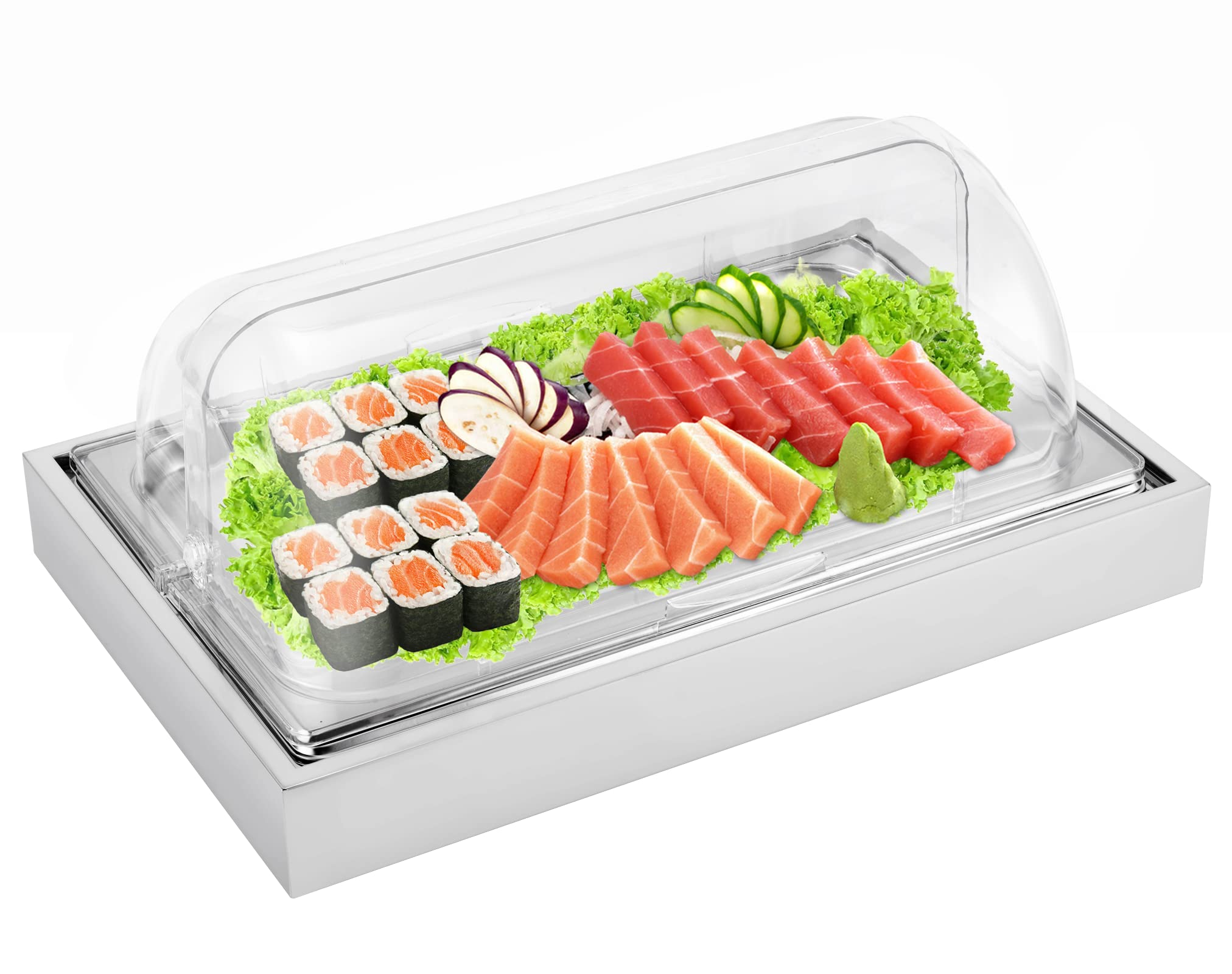 Clear Roll Top Ice Food Serving Tray with 2 Ice Packs - Buffet Cold Serving Platter for Seafood, Fruit & Party Display - Perfect for Catering, Weddings, BBQs & Outdoor Events