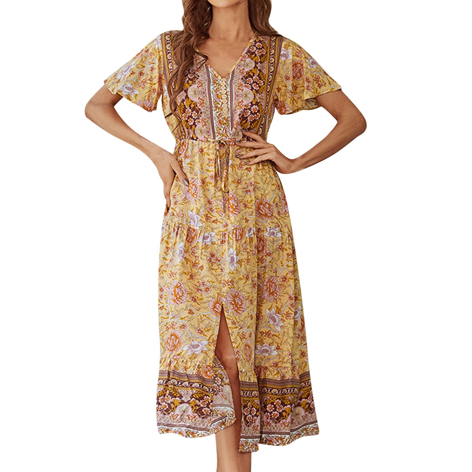 Women's Summer Sun Dresses - Short Sleeve Boho Print Long Skirt for Spring & Summer | Beach Vacation, Garden Party, Casual Outfit