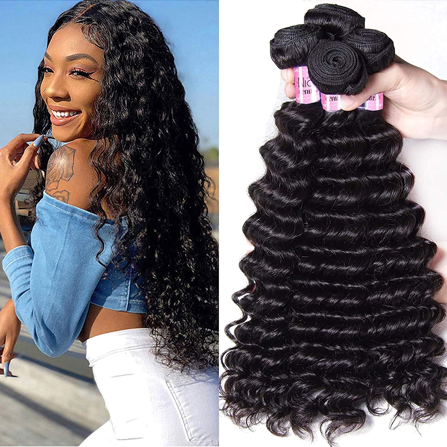 Unice Hair 3 Bundles Brazilian Virgin Human Hair Weaves - 100% Unprocessed Deep Wave Hair Extensions (20 22 24 Inch) Natural Color, Can Be Dyed & Bleached - Perfect for Daily Styling, Special Occasions & Salon Use