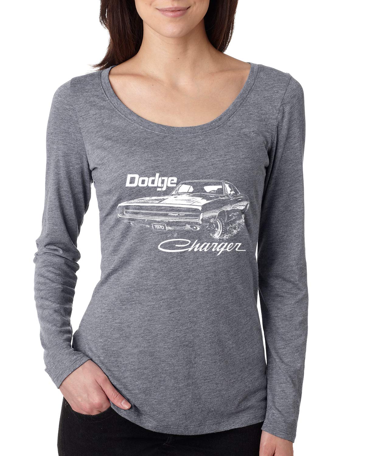 Vintage 1970 Dodge Charger Racing T-Shirt - Retro White Scoop Neck Long Sleeve Top for Women - Perfect for Car Enthusiasts, Casual Wear & Racing Events