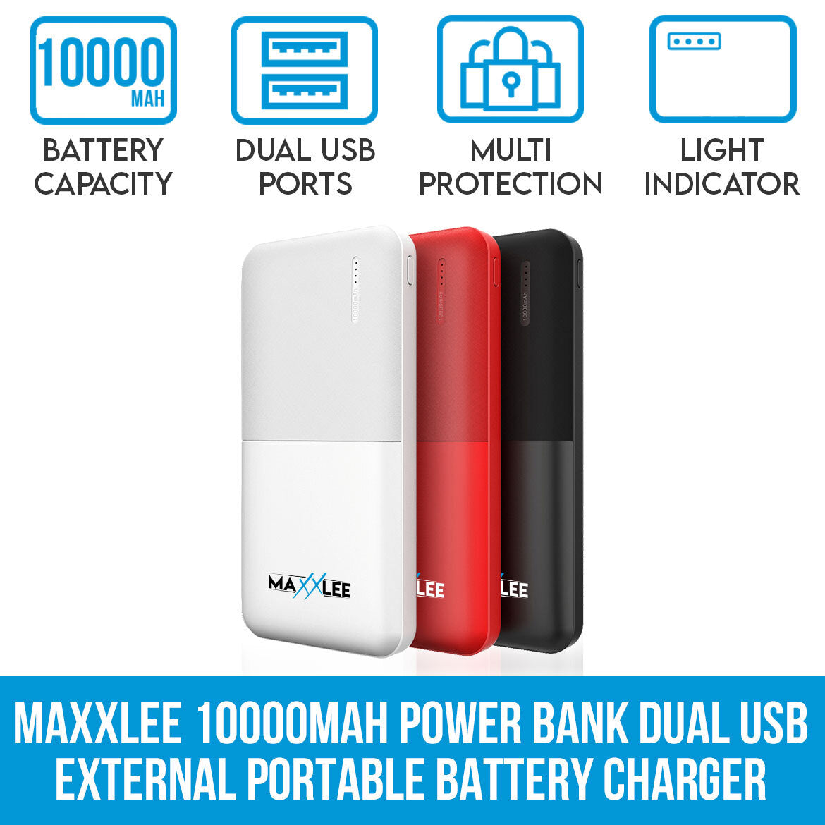 Maxxlee 10000mAh Portable Charger - Dual USB Fast Charging Power Bank for iPhone, Android & Smartphones - Perfect for Travel, Camping & Emergency Backup