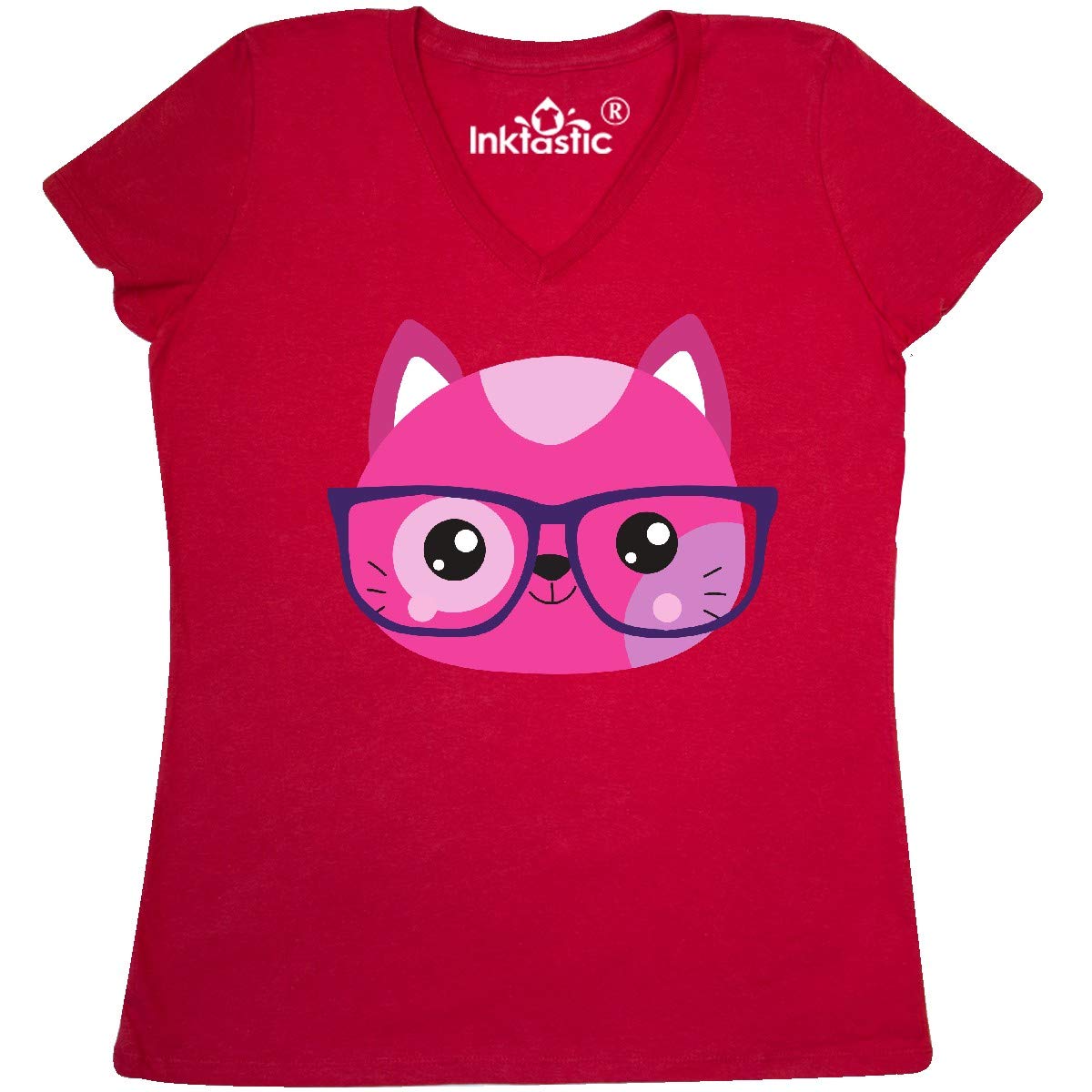 Inktastic Hipster Cat with Glasses - Women's V-Neck T-Shirt - Cute Little Cat Graphic Tee for Casual Wear & Cat Lovers