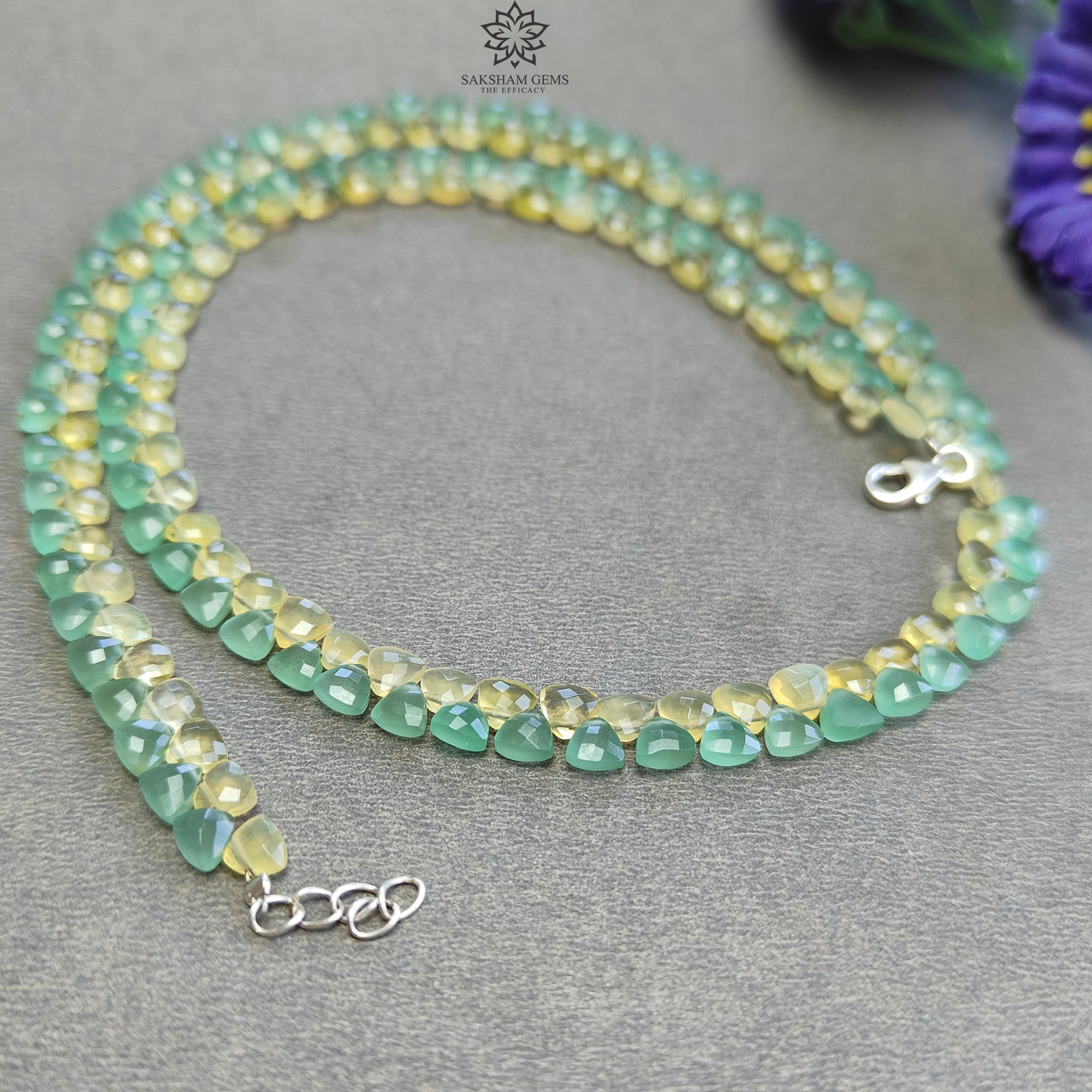 925 Sterling Silver Natural Yellow Opal & Green Quartz Faceted Triangle Beaded Necklace – 11.95gms Elegant Jewelry for Women, Perfect for Weddings, Parties & Special Occasions