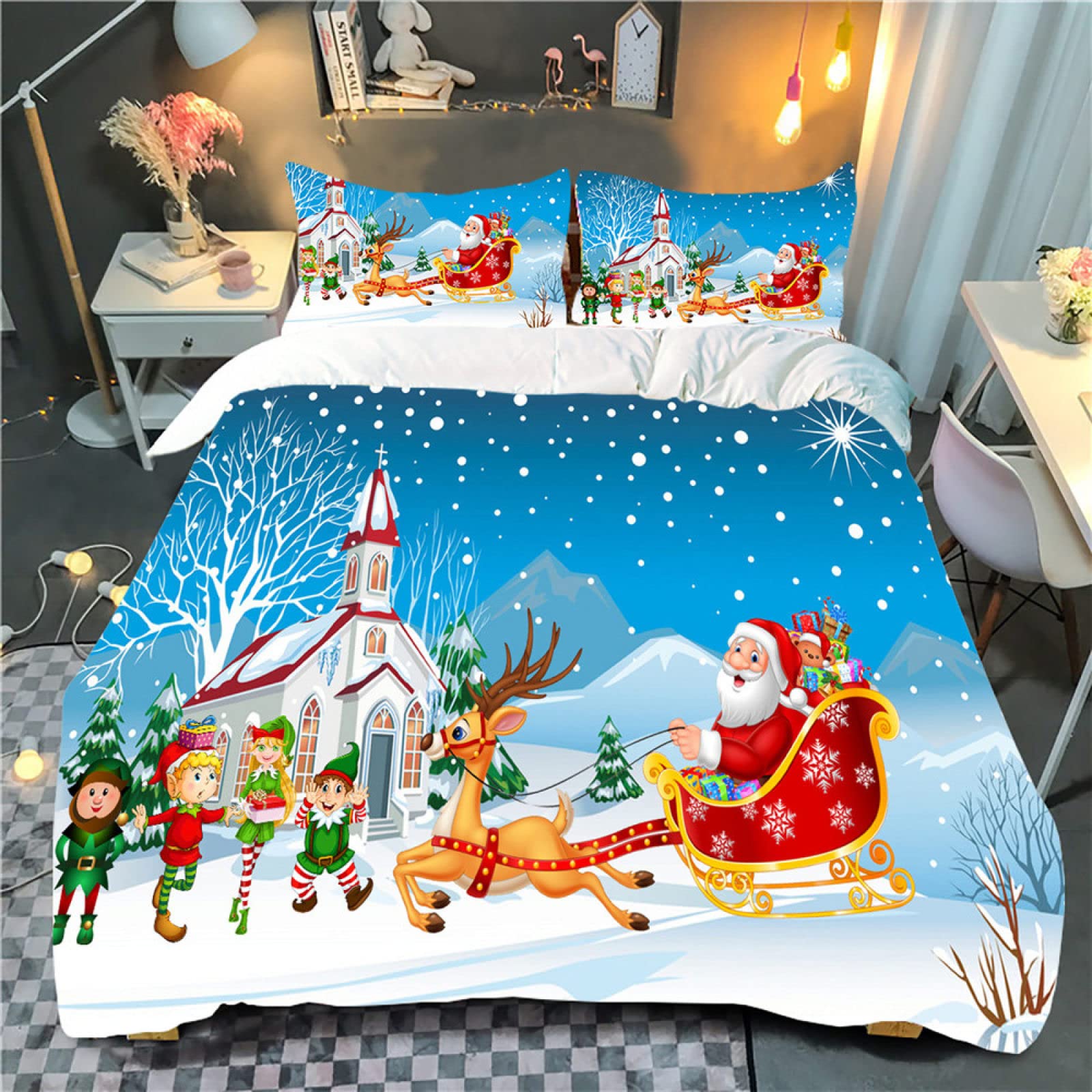 Christmas Bedding Set 4 Pcs - Xmas Cartoon Santa Deer Printed Duvet Cover with Pillowcases for Single, Twin, Queen & King Size Beds (US Queen 228x228cm) - Festive Holiday Decor for Kids' Room & Cozy Winter Bedroom