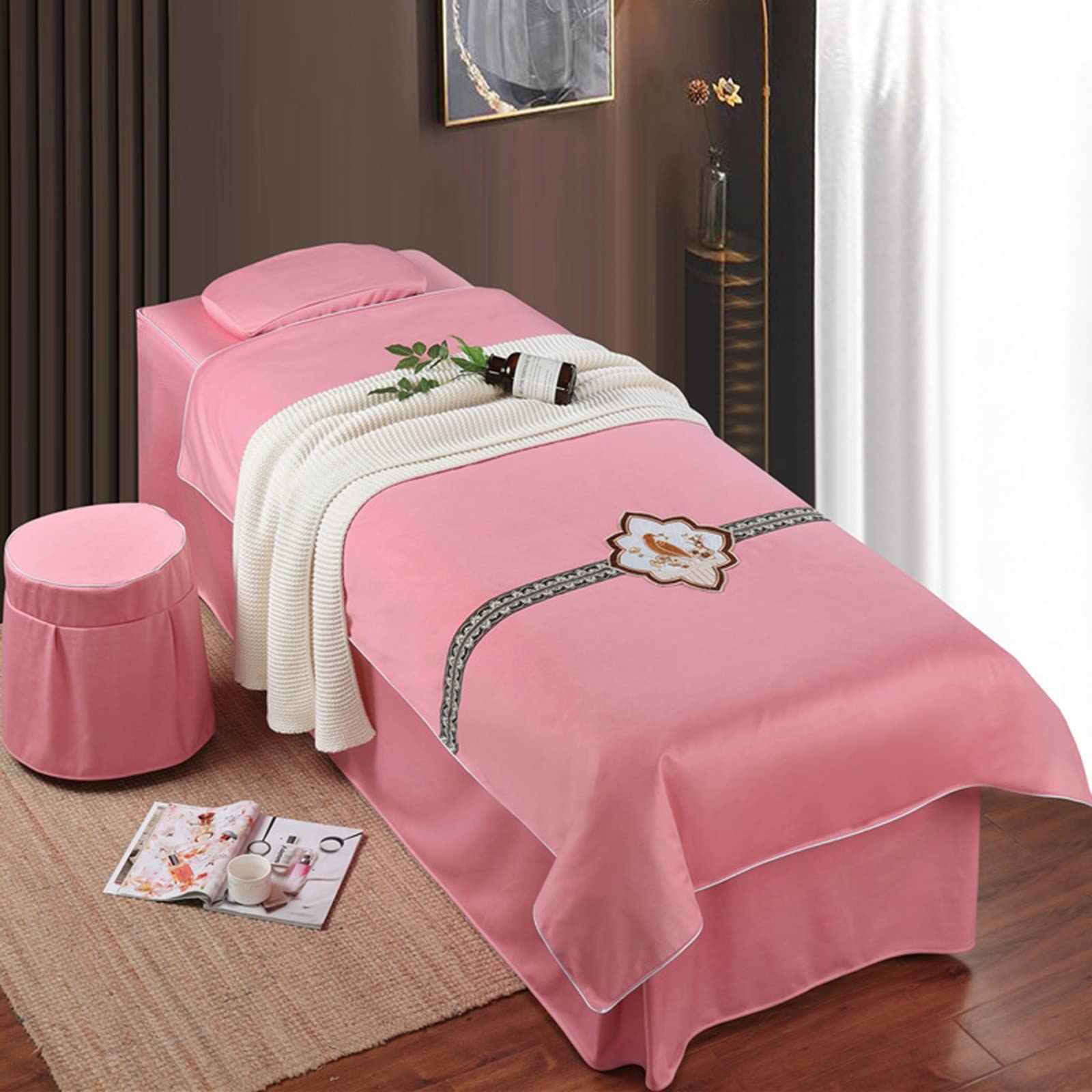 4-Piece Massage Table Sheet Set - Spa Beauty Bed Cover with Skirt & Valance - Solid Pink 190x70cm (75x28in) - Professional Salon, Facial, Massage Therapy & Home Spa Use