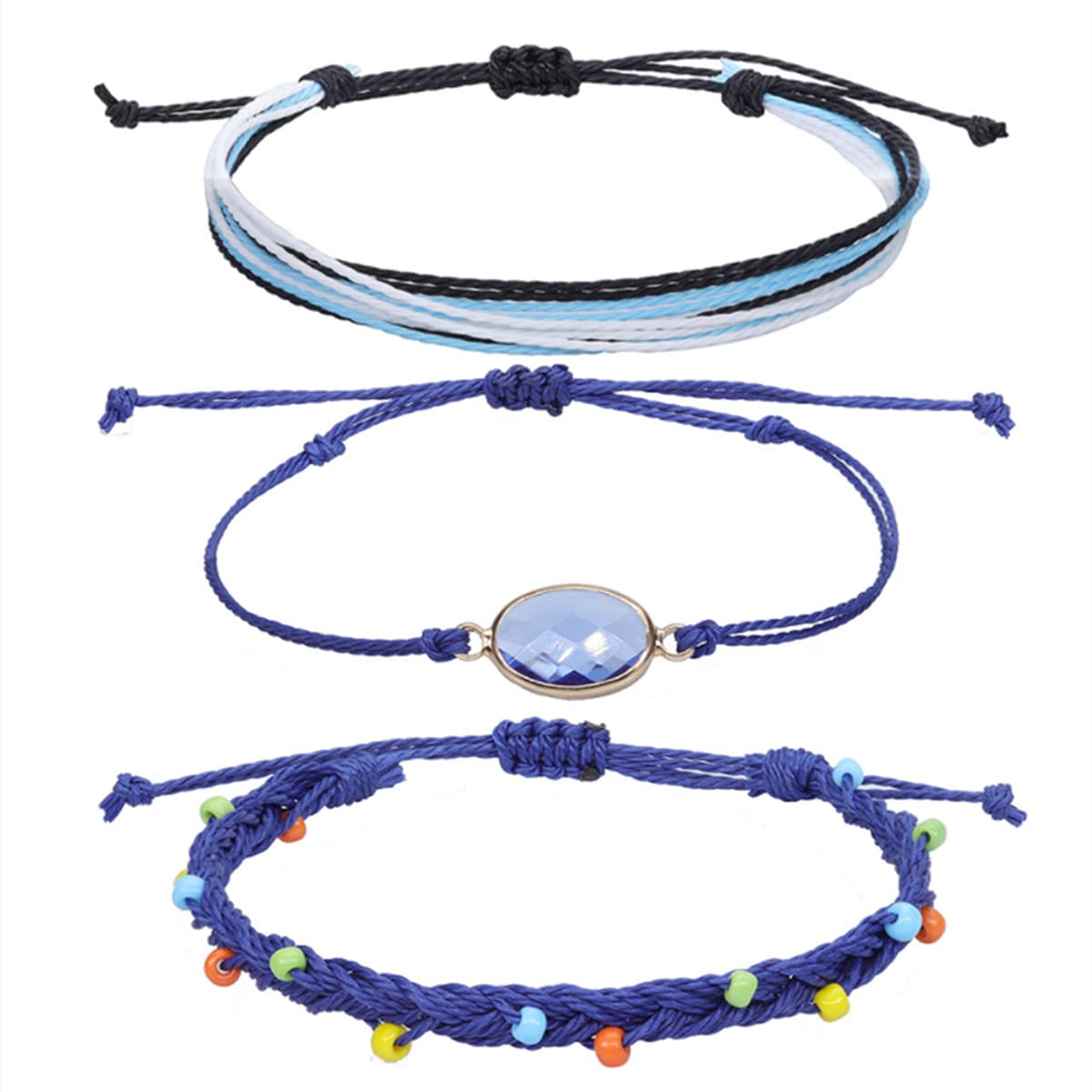 3PCS Crystal Gemstone Beaded Friendship Bracelet Set - Wax Thread Woven Handmade Jewelry for Women, Girls (Gift for Best Friend, Birthday, Party) | Boho Chic Style, Stackable & Layered Look