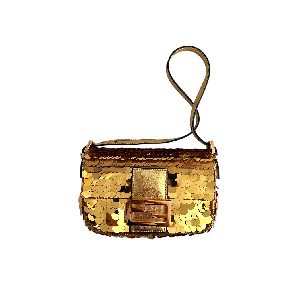 Vintage Fendi Mini Gold Paillettes Baguette Bag - Pre-Owned Luxury Shoulder Purse for Women | Perfect for Evening Parties, Weddings & Special Occasions