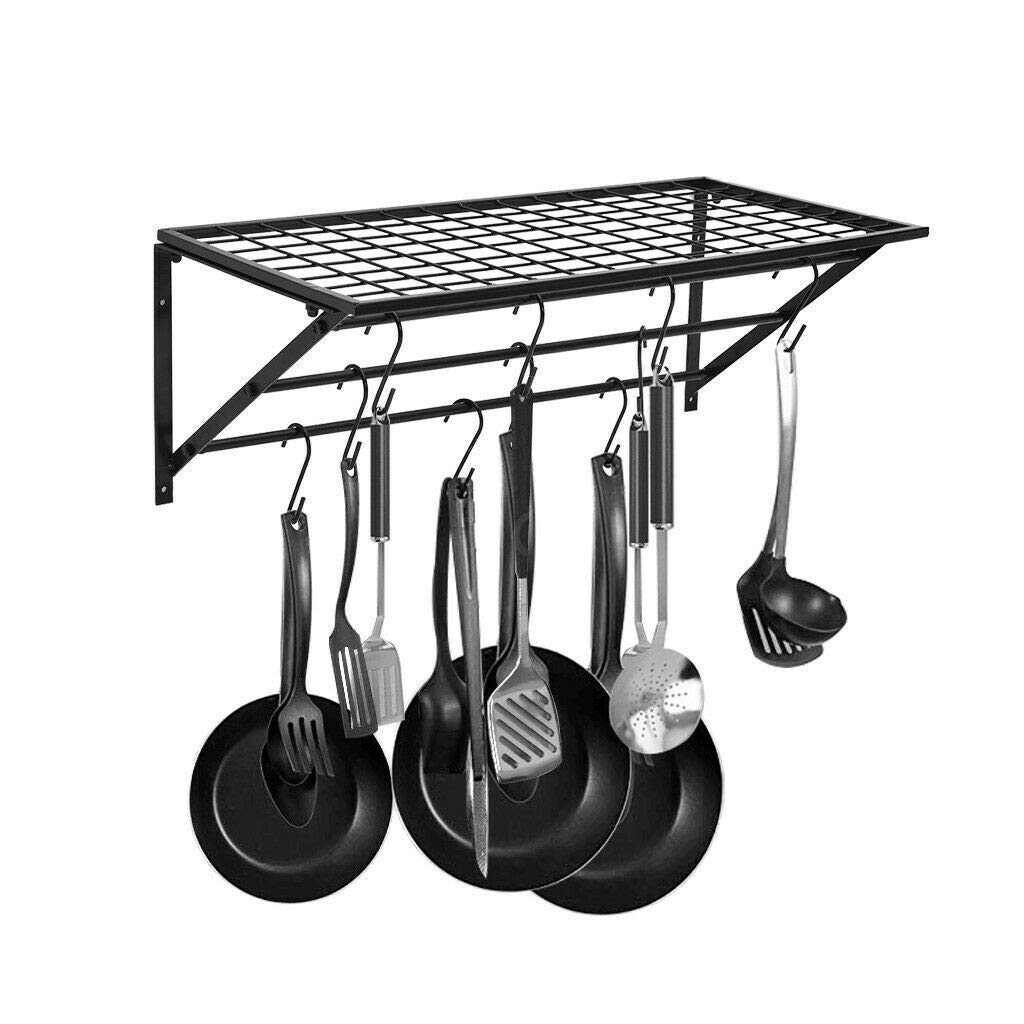 Stainless Steel Folding Wall Mounted Kitchen Shelf - 10 Hooks Space Saving Pot Rack for Pots, Pans & Utensils - Perfect for Small Kitchens, Apartments & RVs