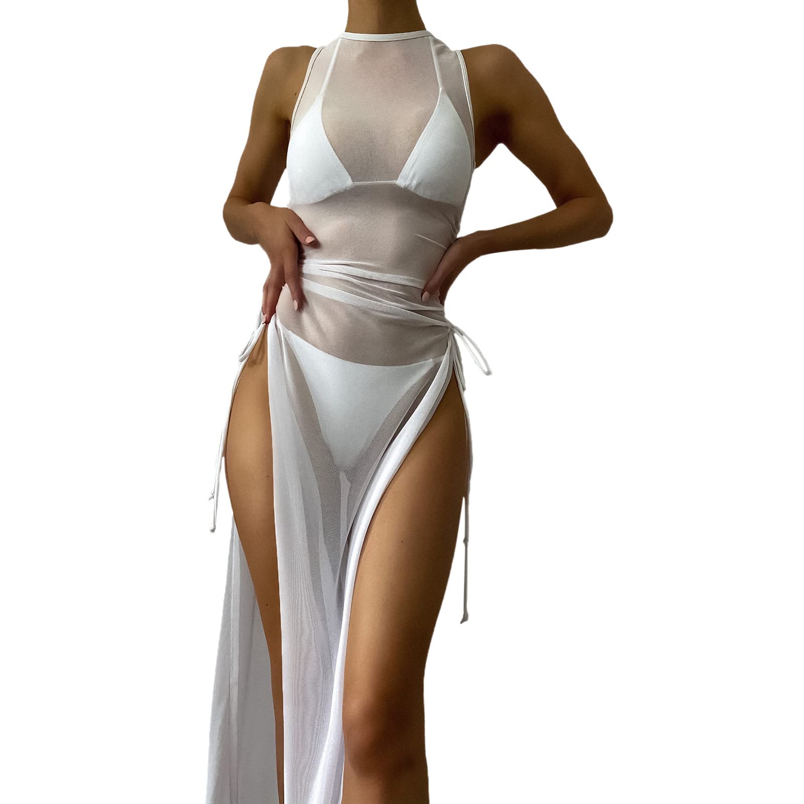 NREALY Women's One Shoulder Ruffle Trim Sheer Beach Cover Up Dress - Drawstring Mini Dress, Bikini Wrap, Swimwear Cover Up for Pool, Vacation & Summer Outfits (White, Size M)