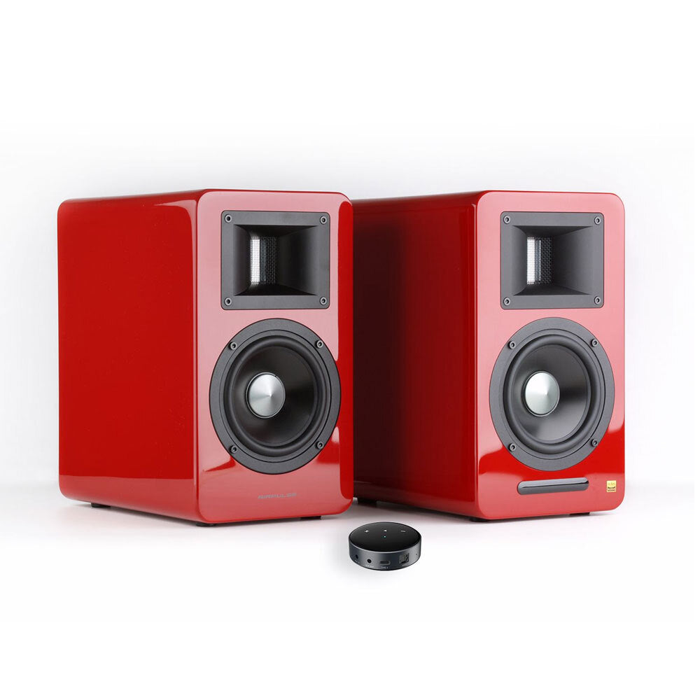 Airpulse A100 Active Wireless Bookshelf Speakers with WiiM Mini (Red) - Hi-Fi Bluetooth Audio System for Home Theater, Gaming & Music Streaming