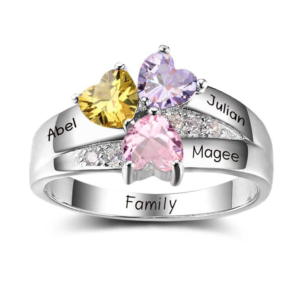 Personalized Mothers Ring with 3 Heart Simulated Birthstones - Engraved with 3 Names - Custom Promise Ring for Mom - Perfect Gift for Mother's Day, Birthday & Anniversary Jewelry