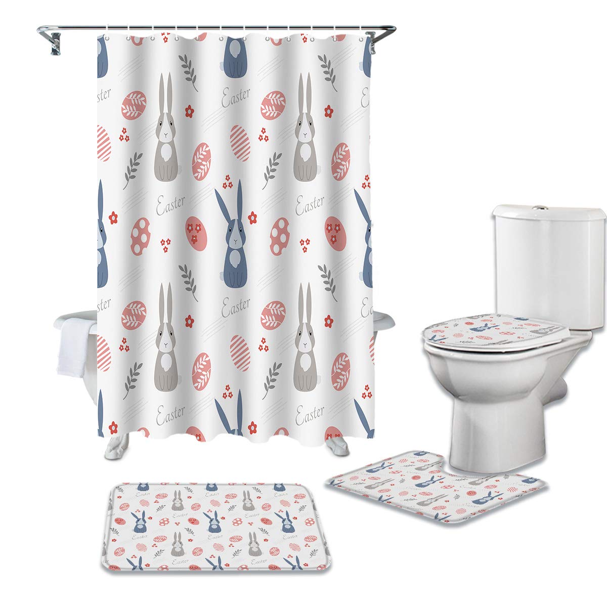 BestLives 4-Piece Easter Bunny Shower Curtain Set - Non-Slip Bath Mat, Soft Toilet Lid Cover & 12 Hooks - Cute Cartoon Rabbit Bathroom Decor for Kids & Easter Themed Bathrooms