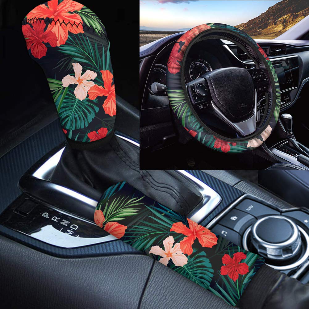GLENLCWE Hawaii Floral Anti-Slip Car Steering Wheel Cover with Gear Shift Knob & Hand Brake Cover Set - 3-Piece Auto Accessories for Beach, Summer & Tropical Theme Car Decor