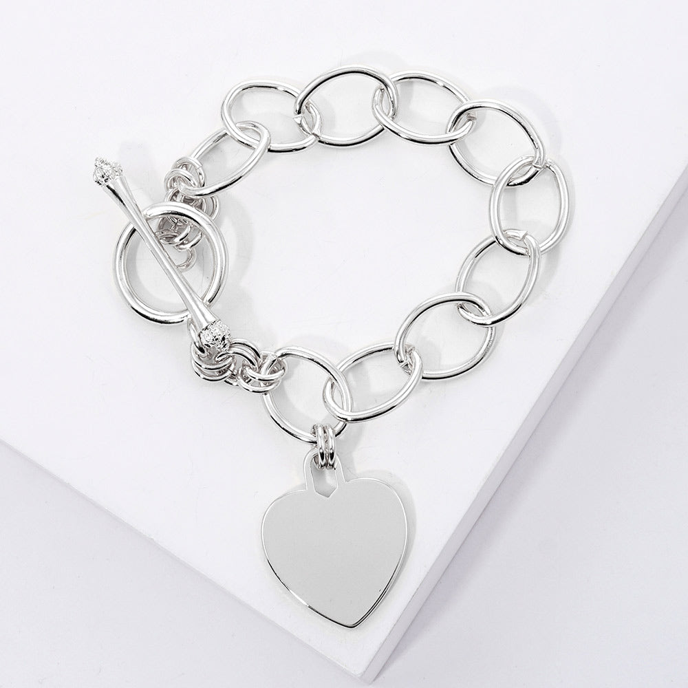 White Gold Dipped Heart Charm Toggle Bracelet for Women - Adjustable Size M/L - Elegant Jewelry Gift for Valentine's Day, Anniversary & Special Occasions
